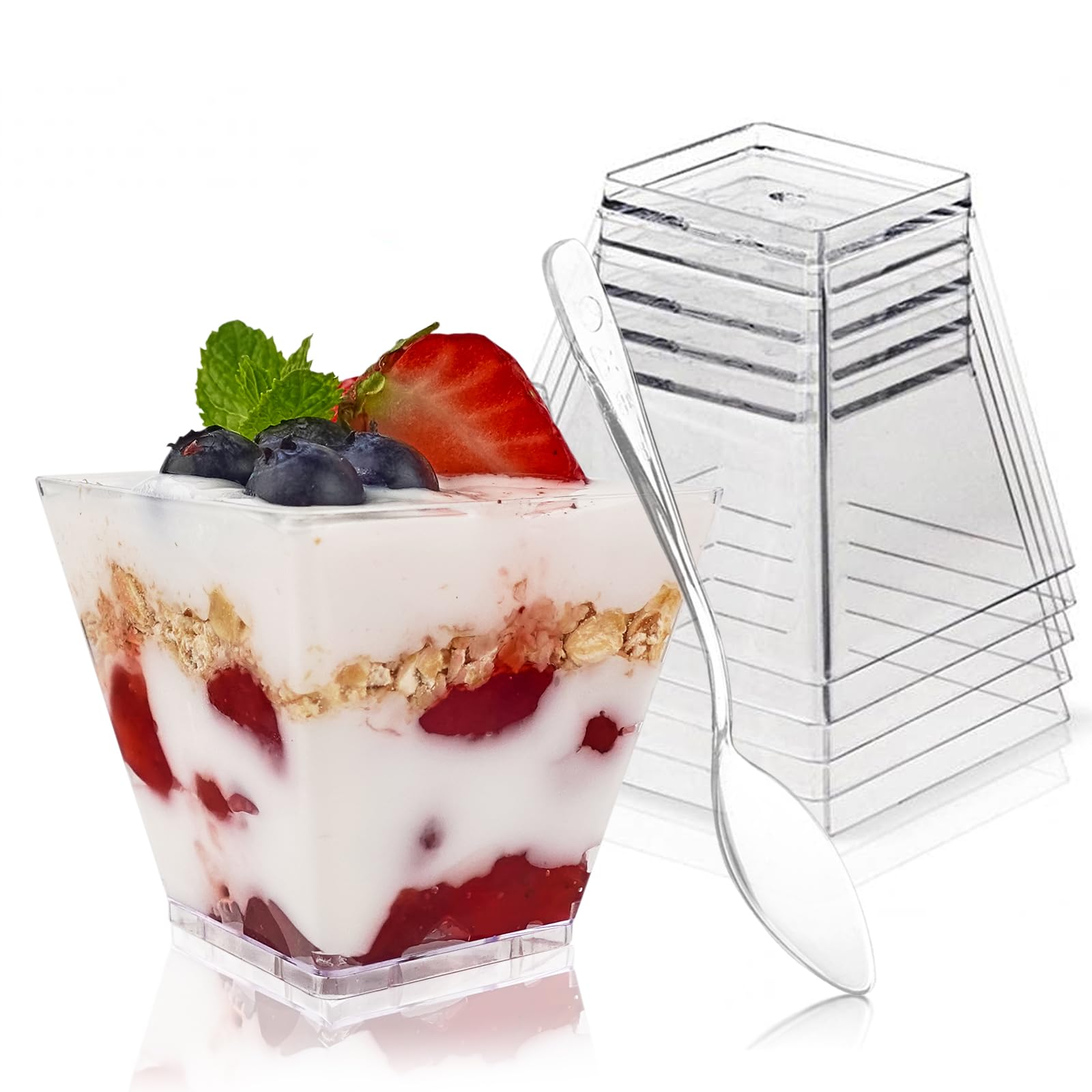 Legredic 30 Pack 3.5 oz Square Dessert Cups with Spoons, Mini Plastic Parfait Appetizer Cups, Clear Reusable Small Shooter Cups, Serving Bowls for