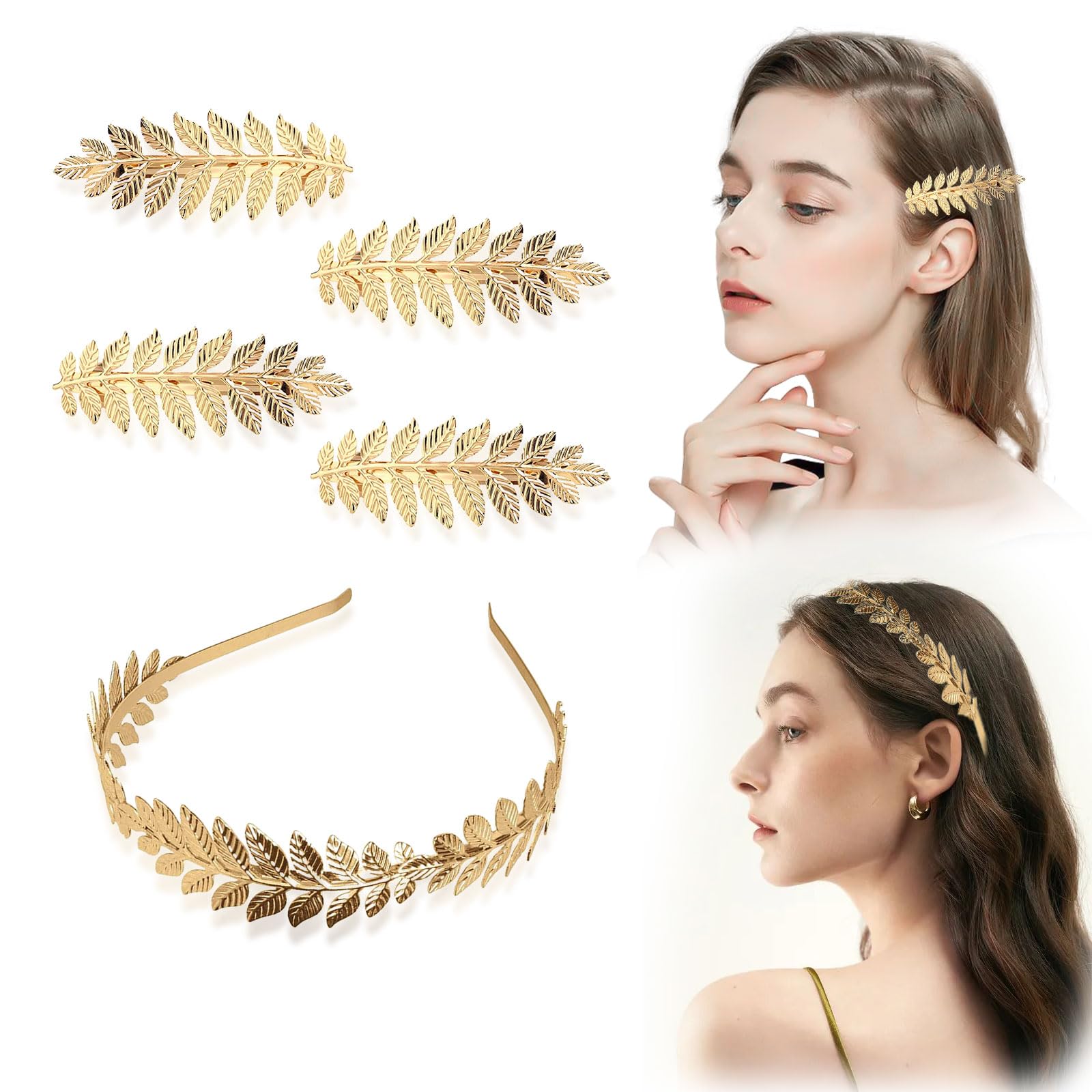 TSHAOUN5pcs Roman Leaf Crown Gold Laurel Leaf Headdress, Girls Greek Gold Leaf Headband Bridal Headbands,Boho Headpiece,Gold Leaves Hair Barrettes. (Gold, one size)