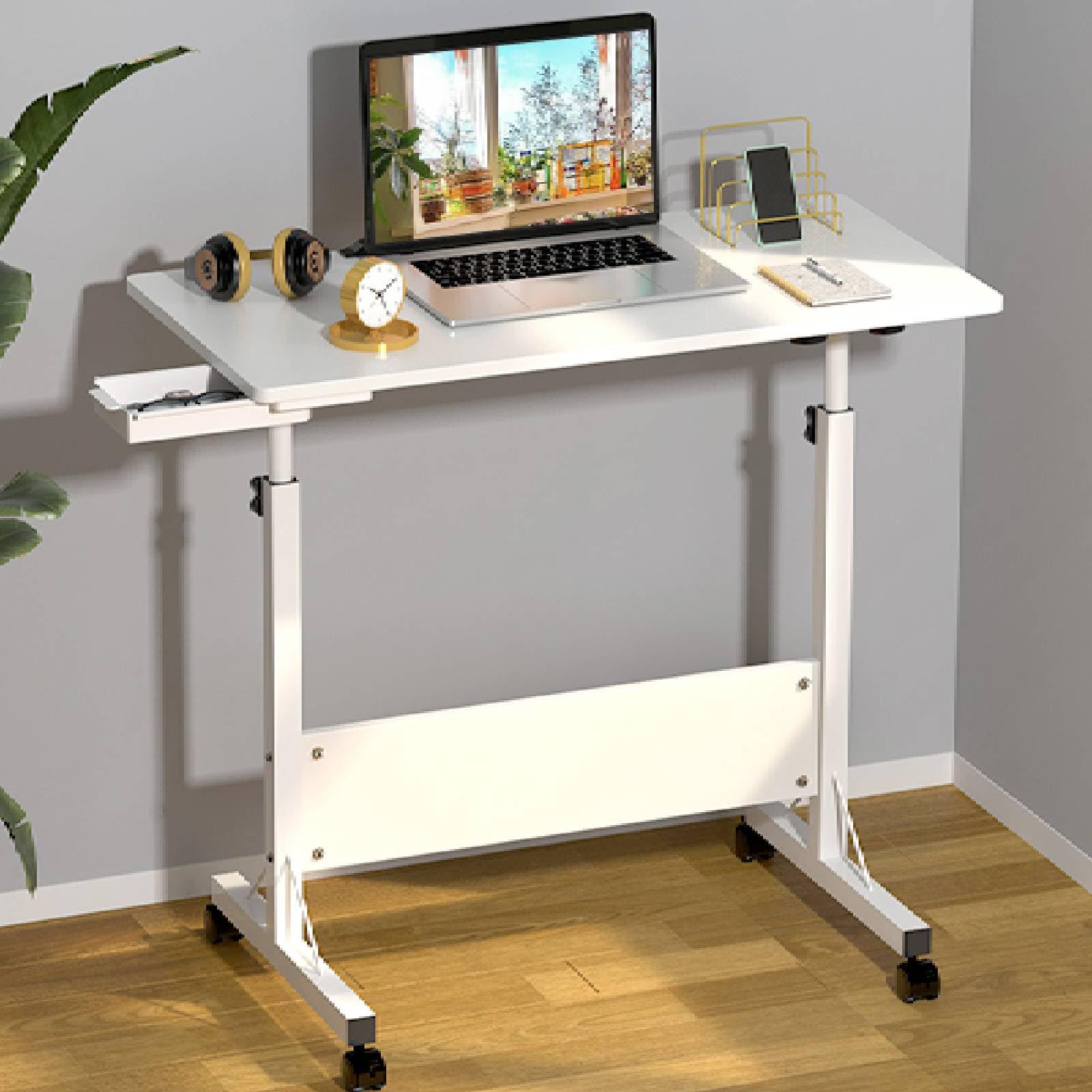Table de Bureau Pliante Réglable en Hauteur 80x40x65-88 cm, Table de Lit pour Ordinateur Portable avec Roulette, Informatique Pliable pour Domicile, Blanc