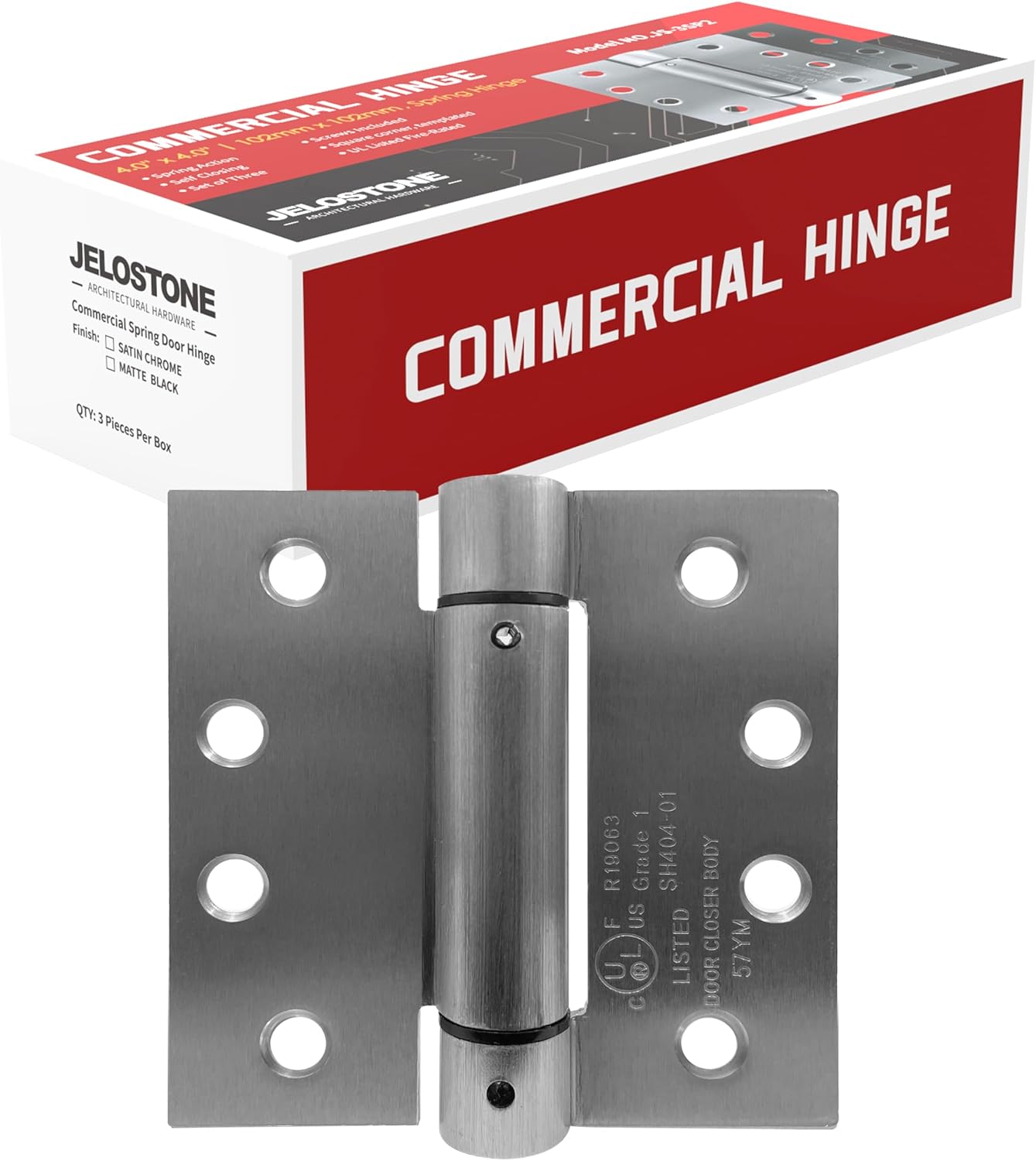 3 Pack - 4.0"x4.0" Self Closing Reversible Door Hinge - Heavy Duty Commercial Spring Door Hinge - UL Listed with Complete Installation Hardware (Satin Chrome), JS-3SP2