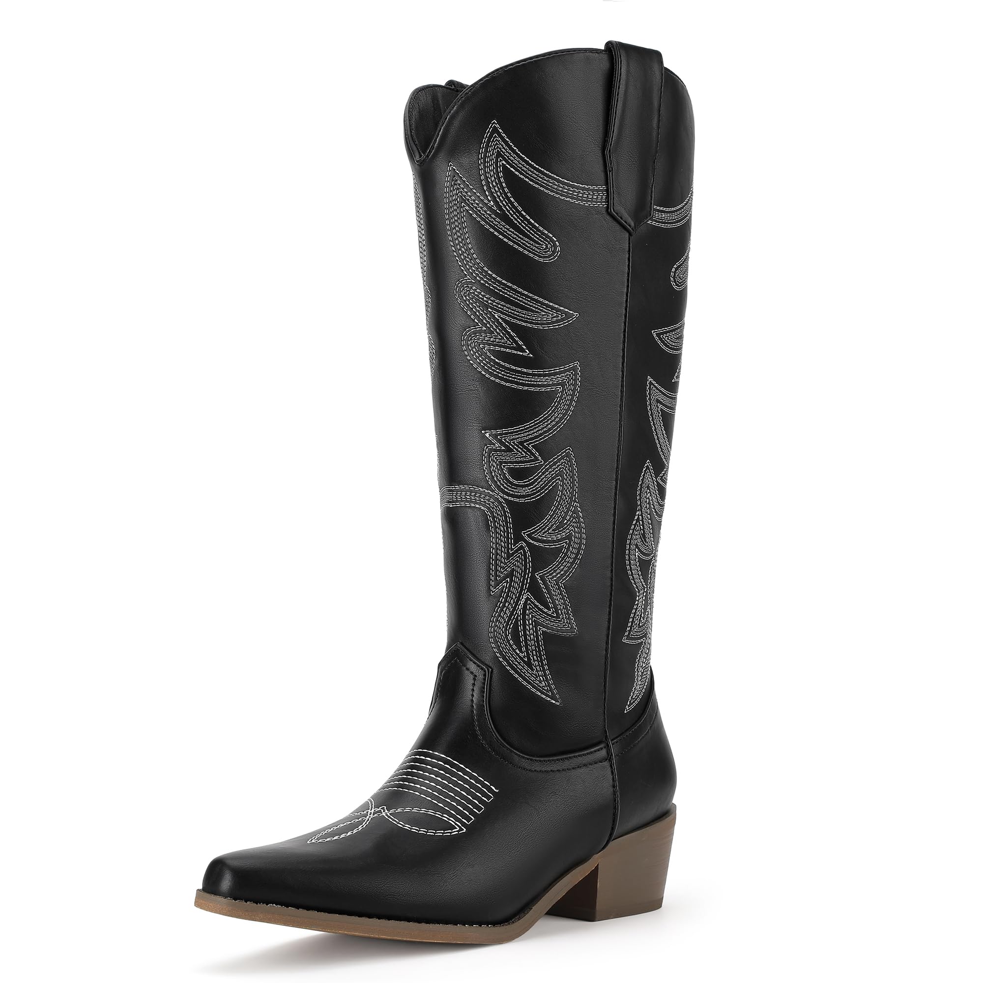 IDIFU IN2 Cowboy Boots for Women Knee High Cowgirl Western Boot Wide Calf Pointed Toe Embroidered Chunky Low