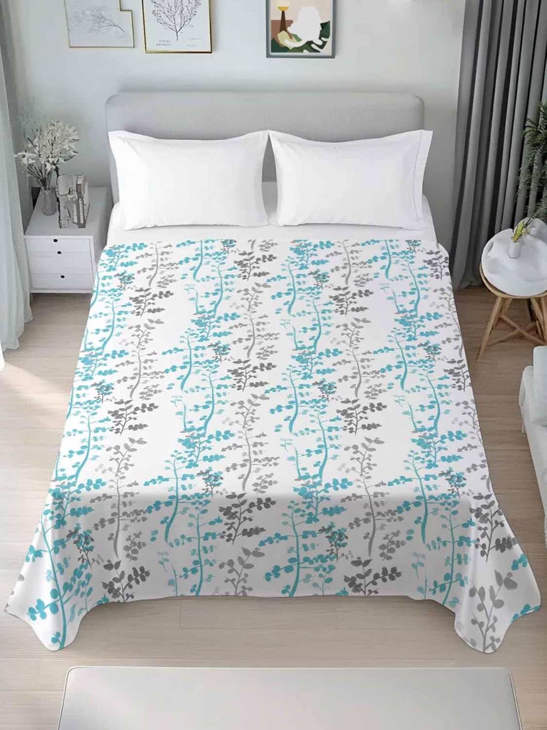 Aqua Grey Botanical Twin Size Flat Sheet Only, Hotel Luxury Microfiber Bed Top Sheets, Spring Floral Summer Farmhouse Soft Breathable Bedding Sheet for Bedroom, Easy Care - 66" x 96"