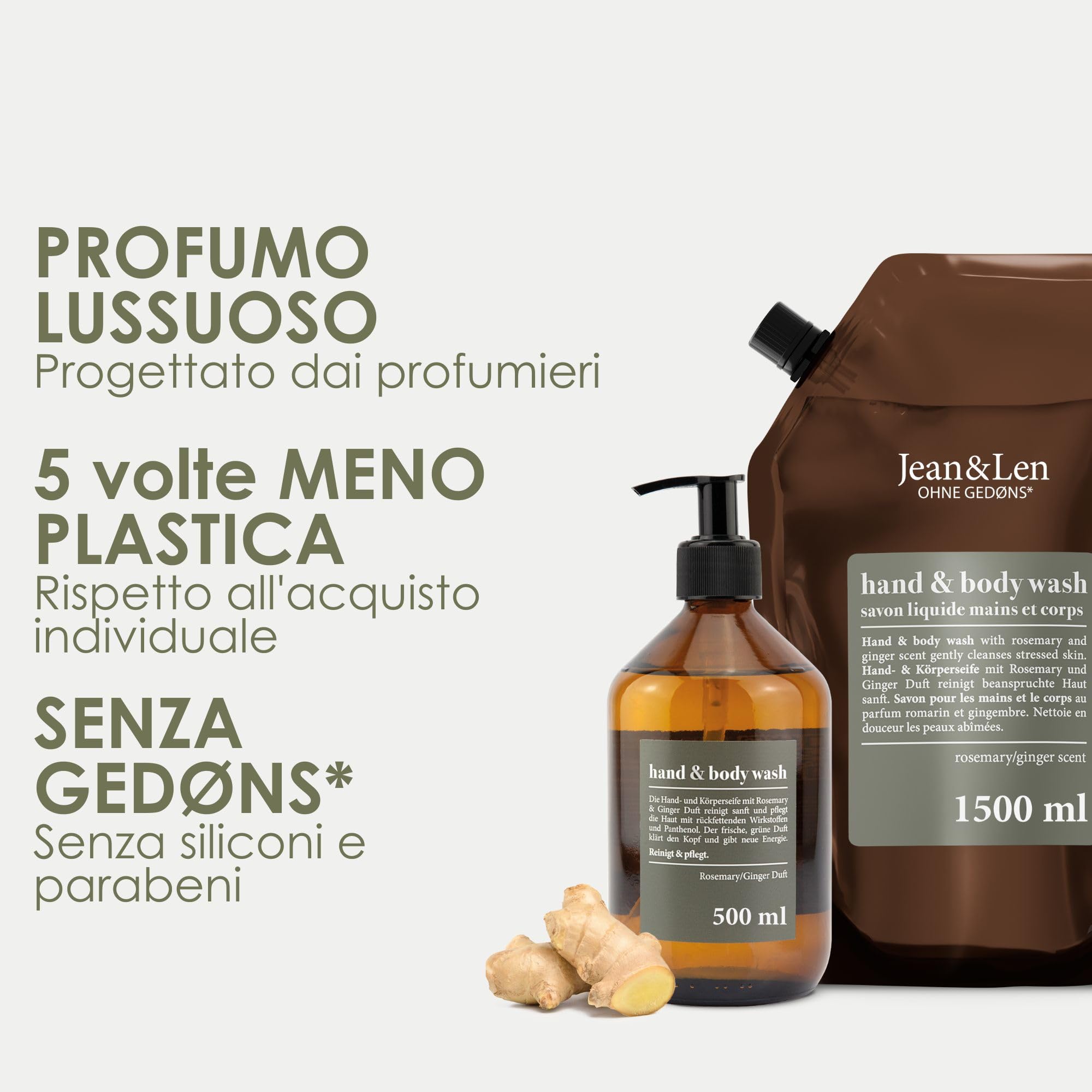 Jean & Len Hand & Body Wash Rosemary & Ginger, con ricarica, deterge e cura la pelle, senza parabeni e siliconi, flacone in vetro da 500 ml e ricarica da 1,5 L nel pratico set