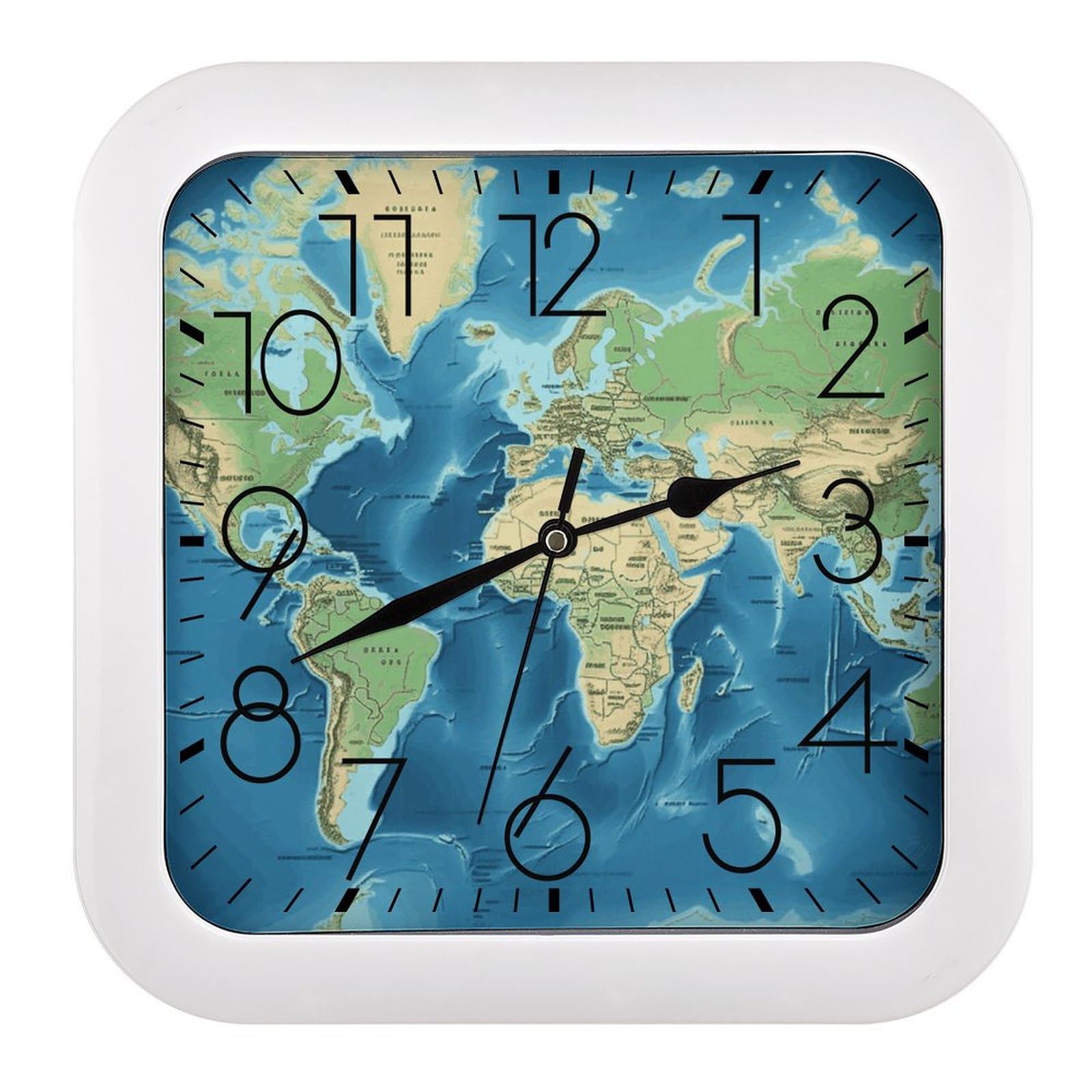 Horloge murale carrée 25 cm carte du monde en plastique pour bureau