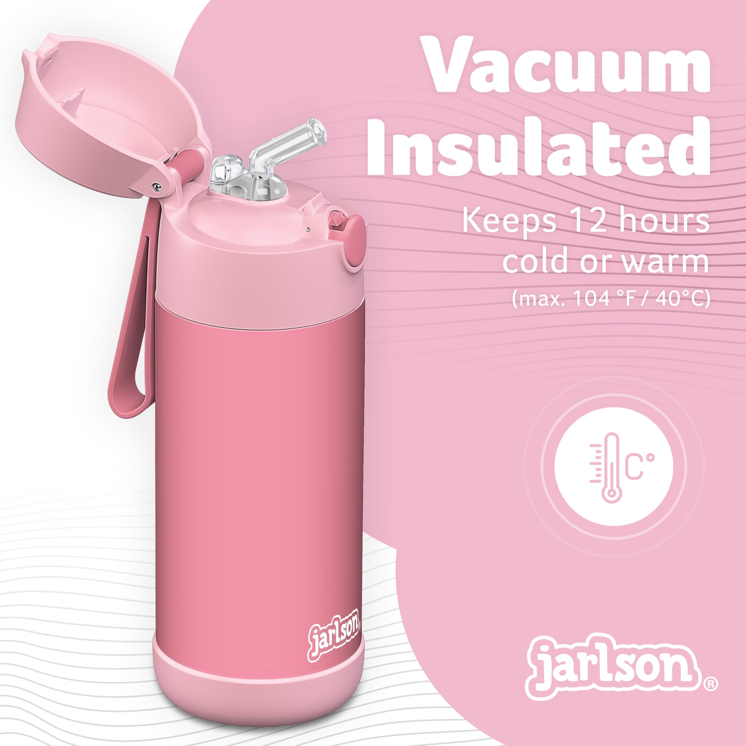 Jarlson® Borraccia Termica Bambini 350ml CHARLI [CON CANNUCCIA] - Bottiglia Acciaio Inox - Termos per Bambini e Bambine - Mantiene Freddo - Senza BPA - Ideale per Scuola, Sport e Viaggi (Rosa)