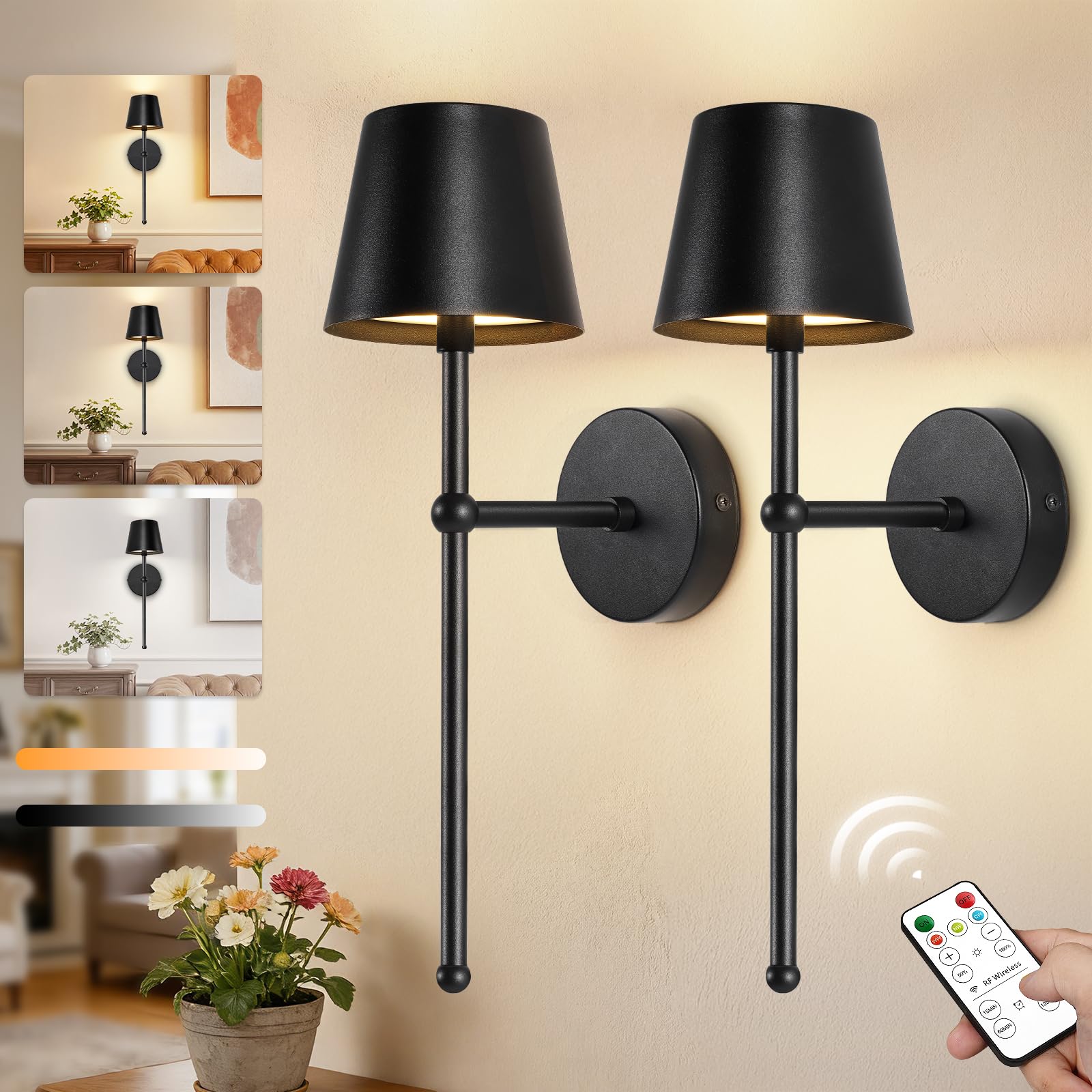 Ketom Rechargeable Wall Lights Set of 2, Battery Operated Wall Lights Black with Remote, 3 Color Temperature & Dimmable, Wireless Sconces for Bedroom Living Room Hallway, Smooth Finish, Long Rod