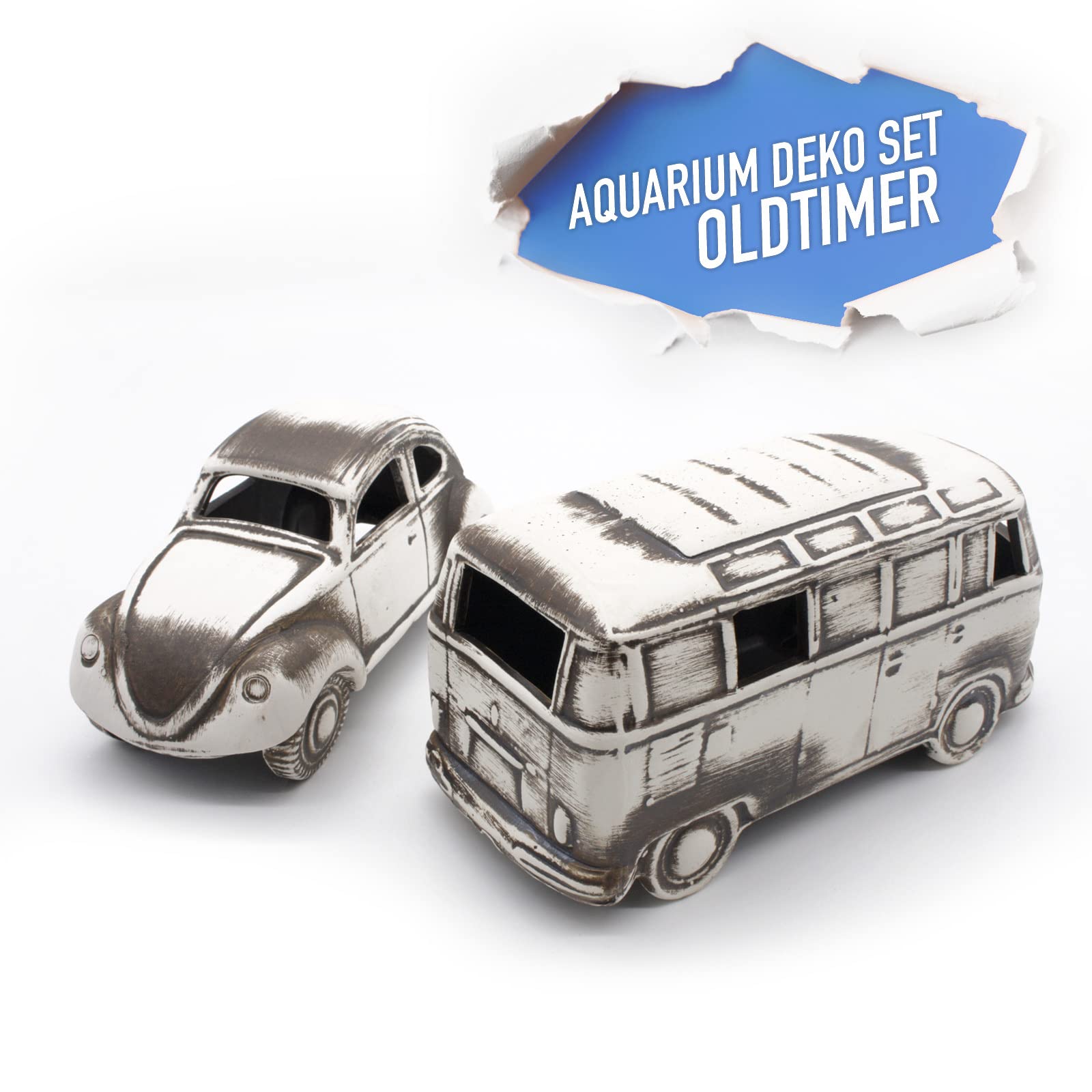ZooPaul 2er Keramik Deko Set Aquarium und Samba Bus Retro Oldtimer Camper Alte Autos Sammler