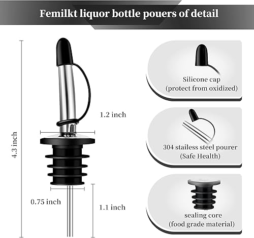 Miniatura 6 de Vertedores de botellas de licor, caños vertedores con acero inoxidable 304, vertedores de licor con tapones de goma para polvo, aptos para