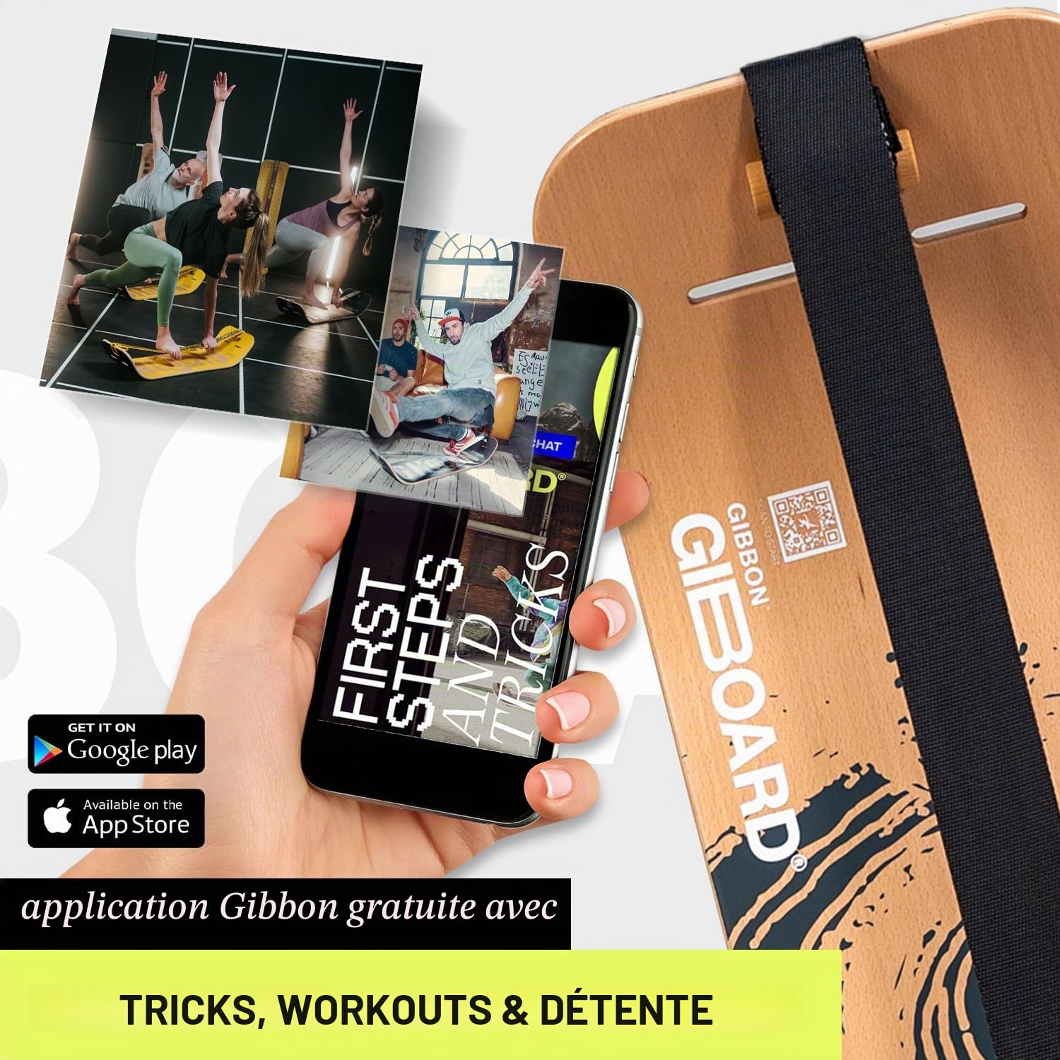 GIBBON Kit de giboard - Active White/Black | Planche d'équilibre innovante | Entraînement interactif avec application | Pour la maison et les déplacements | Idéal pour les figures et les entraînements
