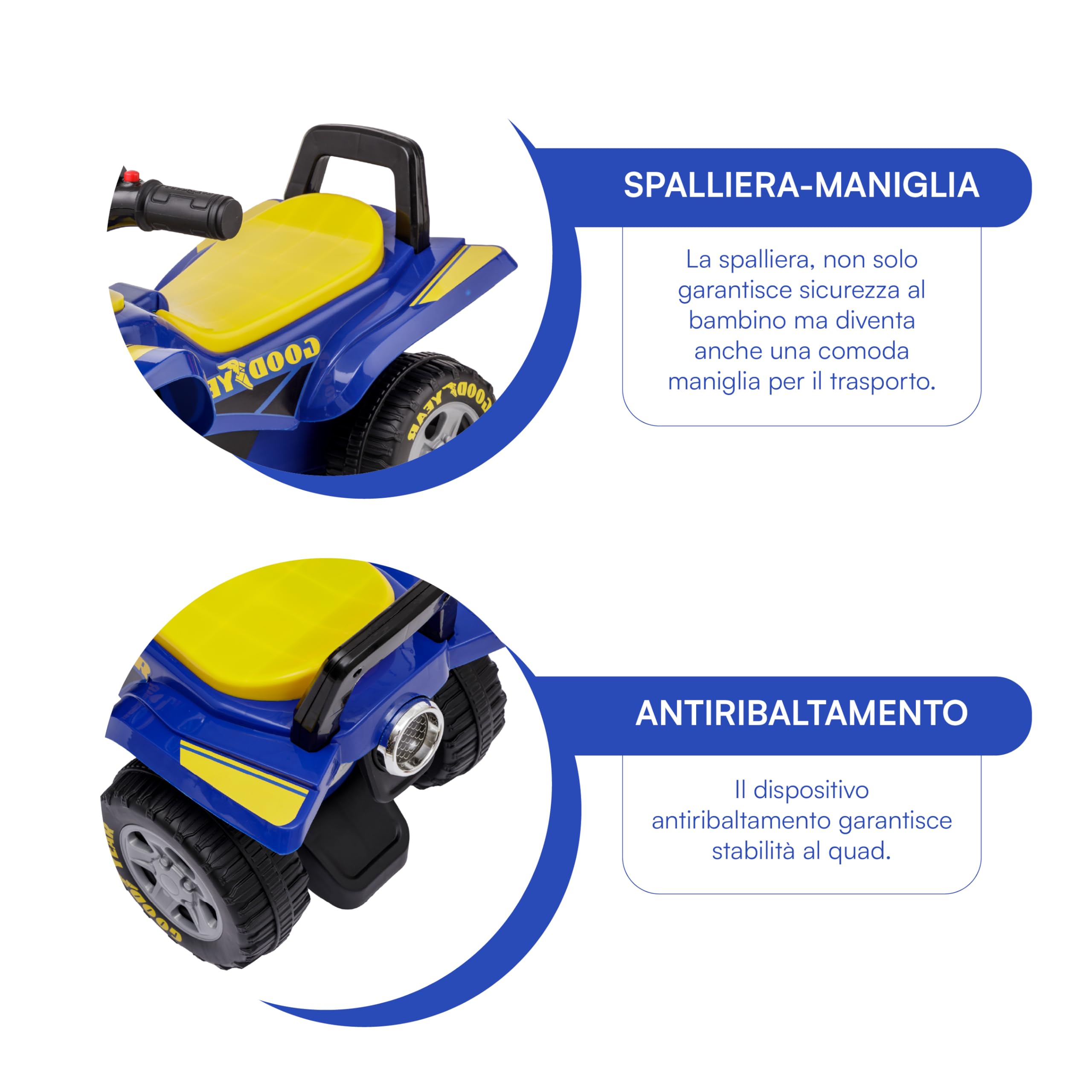 Baroni Toys Quad Giocattolo Cavalcabile per Bambini 18-36 Mesi con con Licenza GOODYEAR, Vano Portaoggetti, Suoni Realistici e Fari LED, Dispositivo Antiribaltamento, 38x60x42 cm