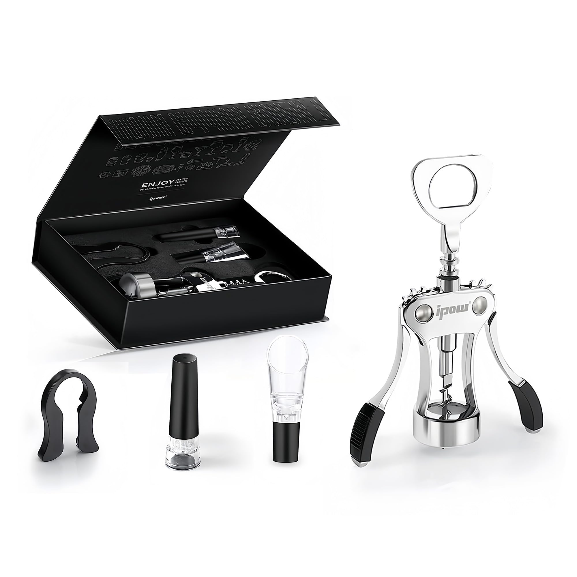 4-in-1 Korkenzieher Set, ipow Weinöffner Set mit Zinklegierung Flaschenöffner, Folienschneider, Weinausgießer und Vakuum Weinverschluss, perfektes Weinflaschenöffner Zubehör für Weinliebhaber
