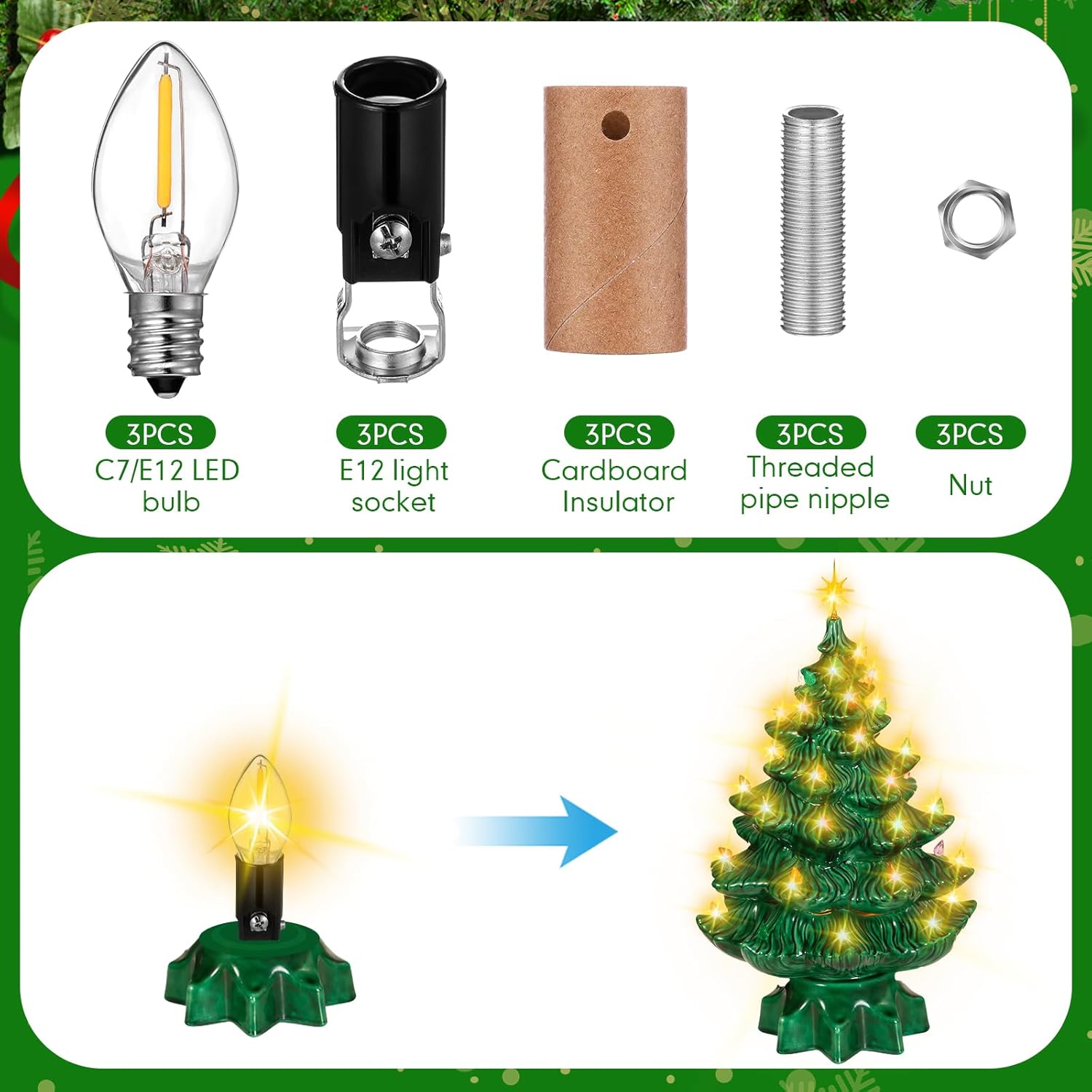 Honoson Small Christmas Ceramic Tree Light Kit with LED Bulb, Ceramic Christmas Tree Replacement Lights, E12 Candelabra Base, Lamp Wiring Kit Nice for Desk Lamp Lighting and DIY Projects(3 Pack)