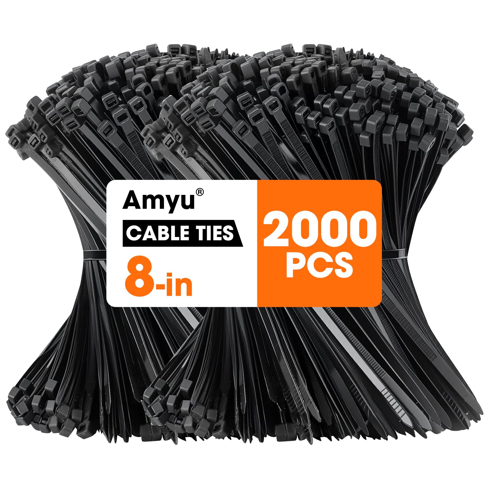 Amyu 2000 Pack Cable Ties Black, 8 inch Zip Ties, 40lbs Tie Straps Self Locking Nylon Tie Wraps UV-Ristant, 200mm Small Plastics Ties for Garden, Home, Office, Workshop, Indoor and Outdoor