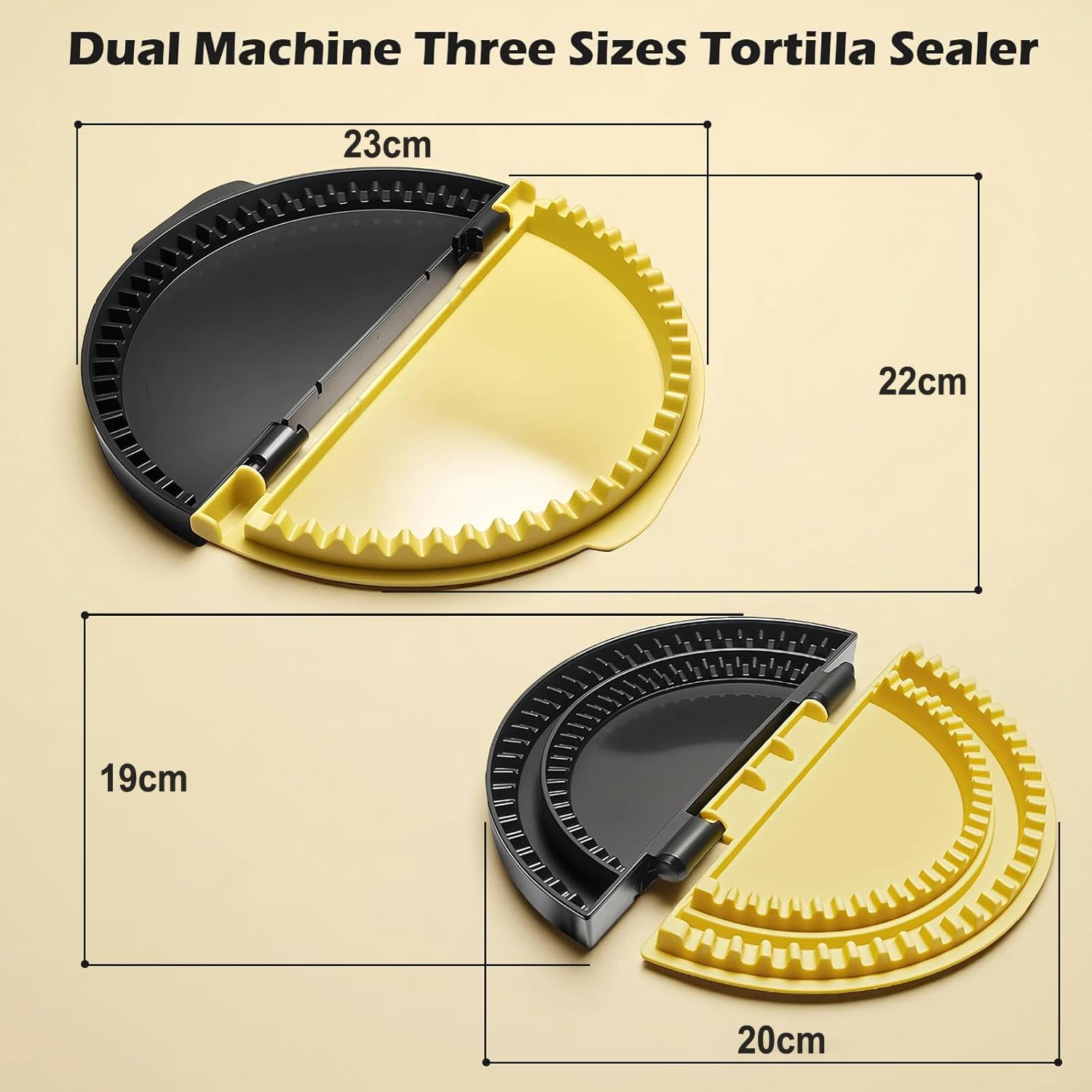 Sigillante per tortilla 3 in 1 (25,4 + 20,5 + 15,2 cm) rimovibile per tortilla, design a dente di squalo, lavabile in lavastoviglie, adatto per burritos, pancake, gnocchi (giallo nero)