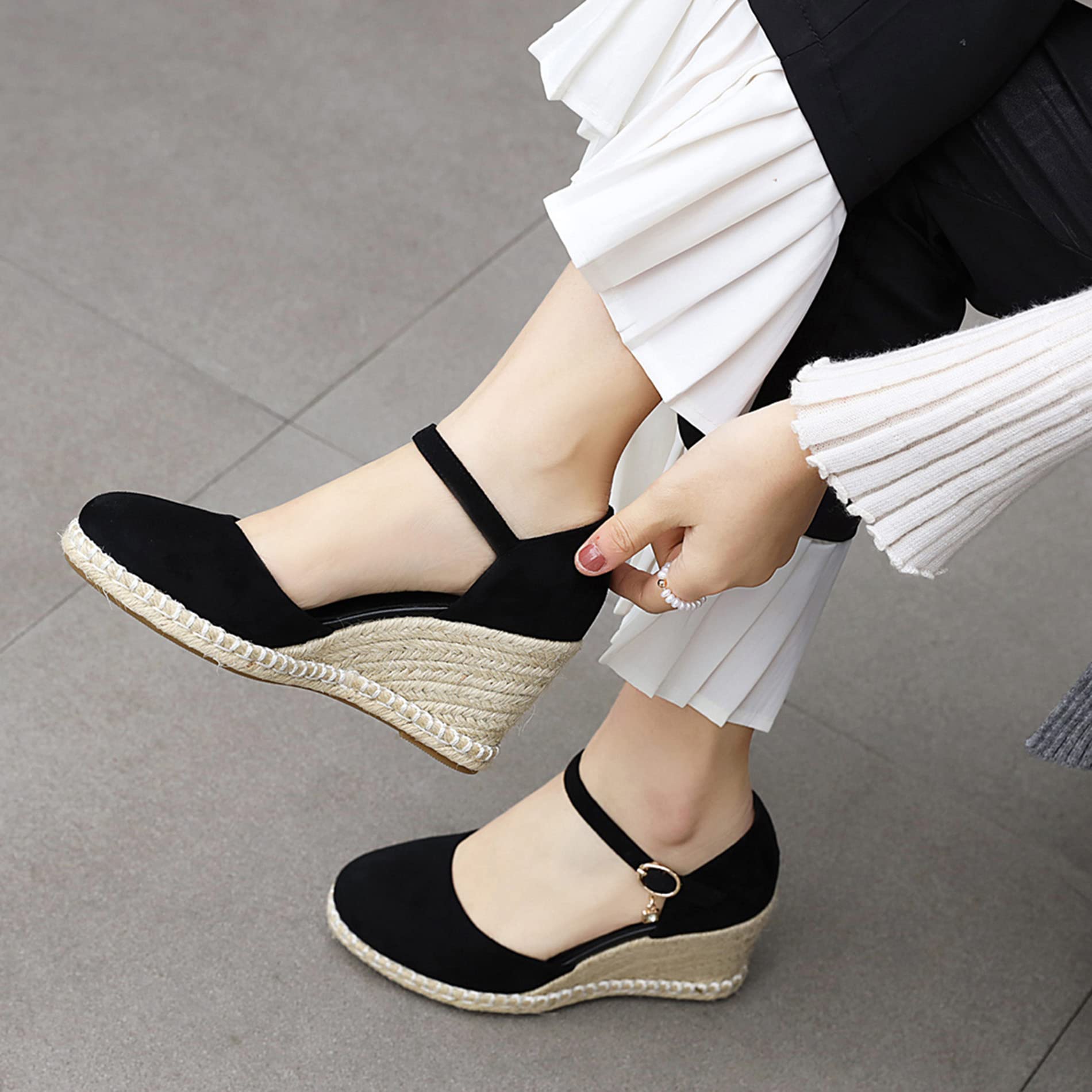 Espadrille con Tacco Alto Donna, Sandali Punta Rotonda Eleganti Zeppa Scarpe da Sera con Plateau Fibbia con Cinturino Alla Caviglia Bow, Numero 31-44