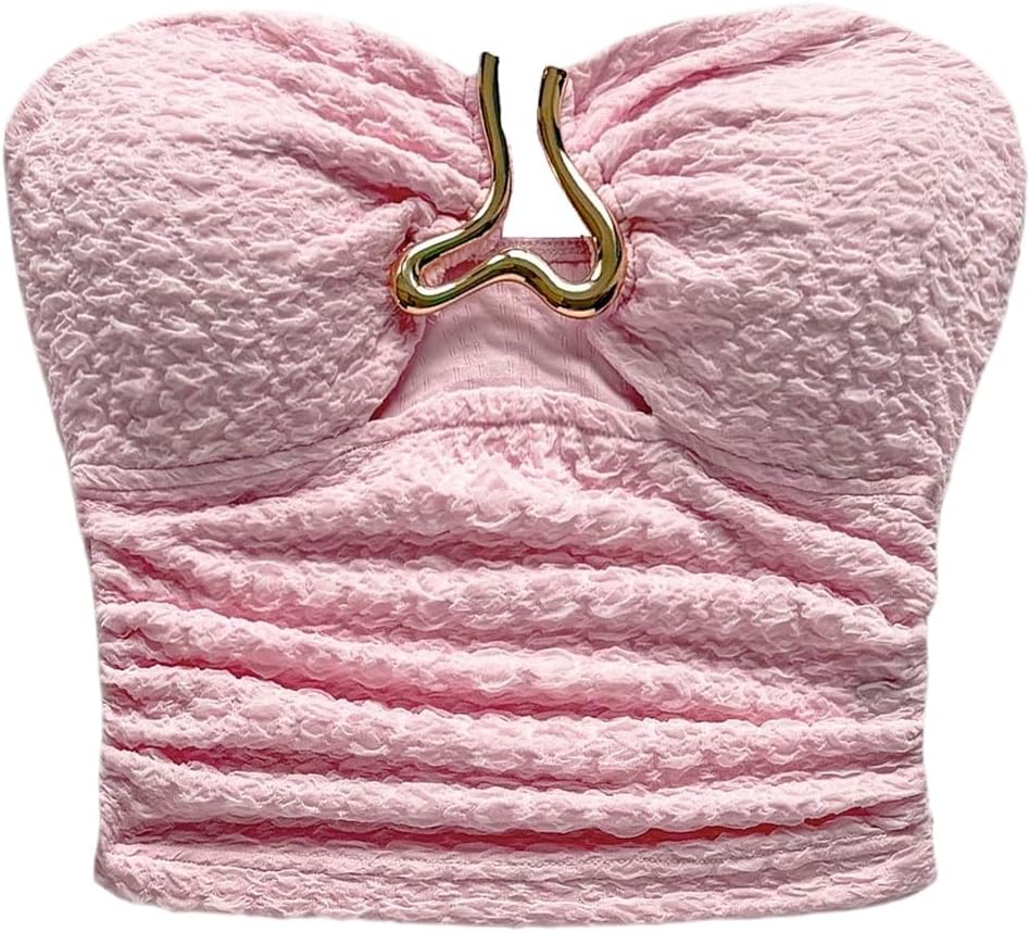 SOLY HUX Women's Summer Tube Tops Strapless Sleeveless Cut Out Ruched Bandeau Y2k Going Out Crop Top Plain Light Pink Small