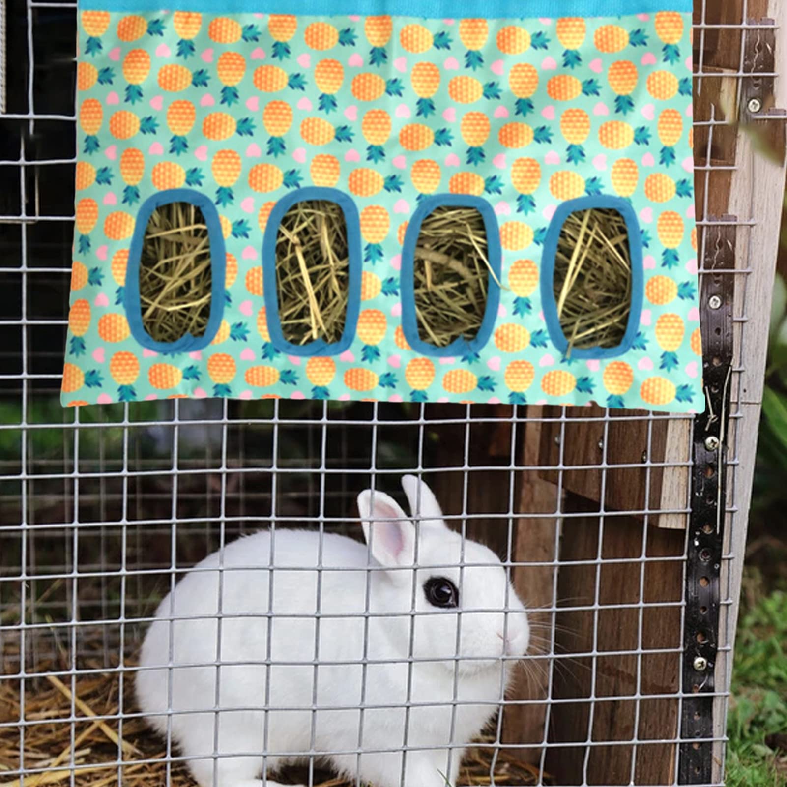 Kaninchen-Heu-Futtersack, faltbar, kleine Haustiere, Heu-Aufbewahrung, waschbar, niedlicher Spender-Futtersack mit 4 Futterlöchern, hängende Futter-Heu-Aufbewahrung, täglich benötigter Fütterungshel