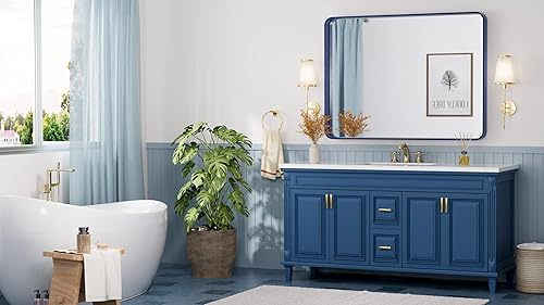 Miniatura 58 de TETOTE Espejo de 60 x 36 pulgadas para baño, espejo de tocador dorado de latón cepillado, espejo de pared grande rectangular con marco de metal Oro