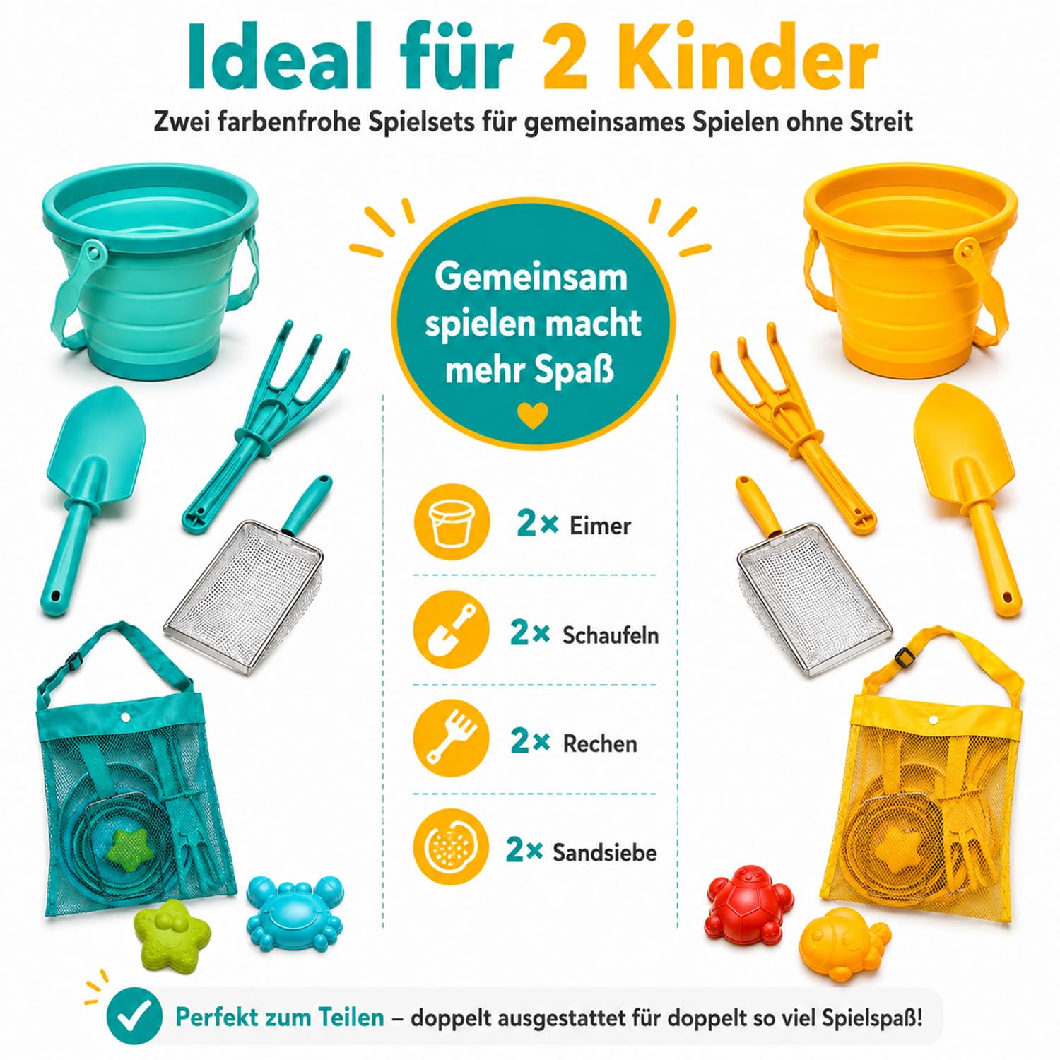 Sandspielzeug Kinder Strandspielzeug Set mit 2 faltbaren Eimern, Schaufel, Rechen, Sandsieb & Netzbeutel, 14-teiliges Sandkasten Spielzeug für Strand, Garten & Urlaub ab 3 Jahren