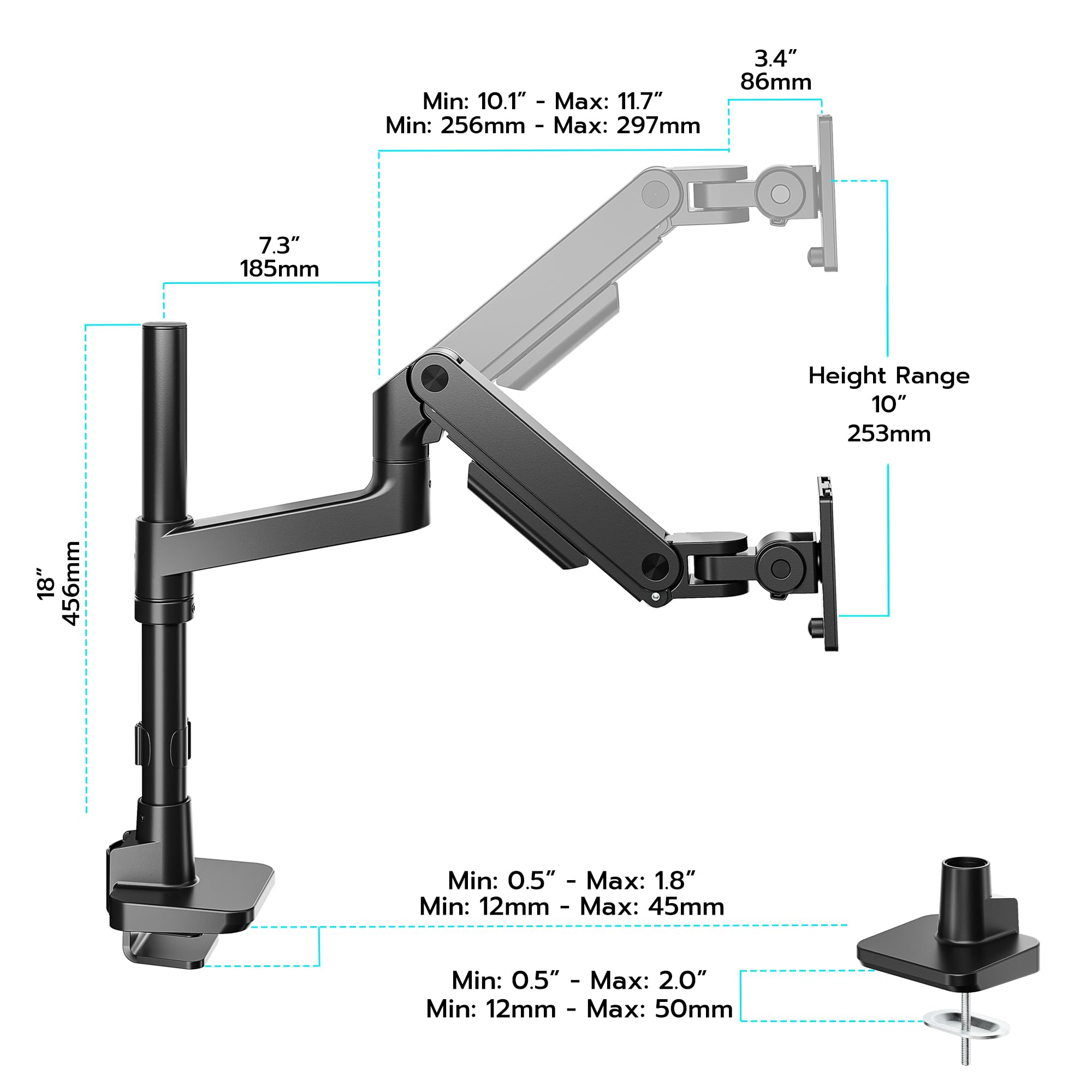 ARES WING Supporto Monitor Singolo regolabile per schermi da 17-49” pollici, Braccio monitor capacità di peso 20 kg, con braccio a molla a gas e asta, VESA 75/100 mm, nero