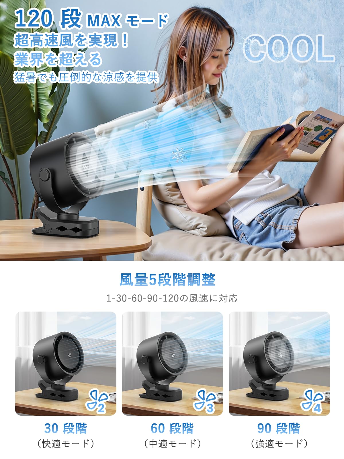 Amazon | 【2026年モデル・8000mAh電池内蔵】卓上扇風機 クリップ