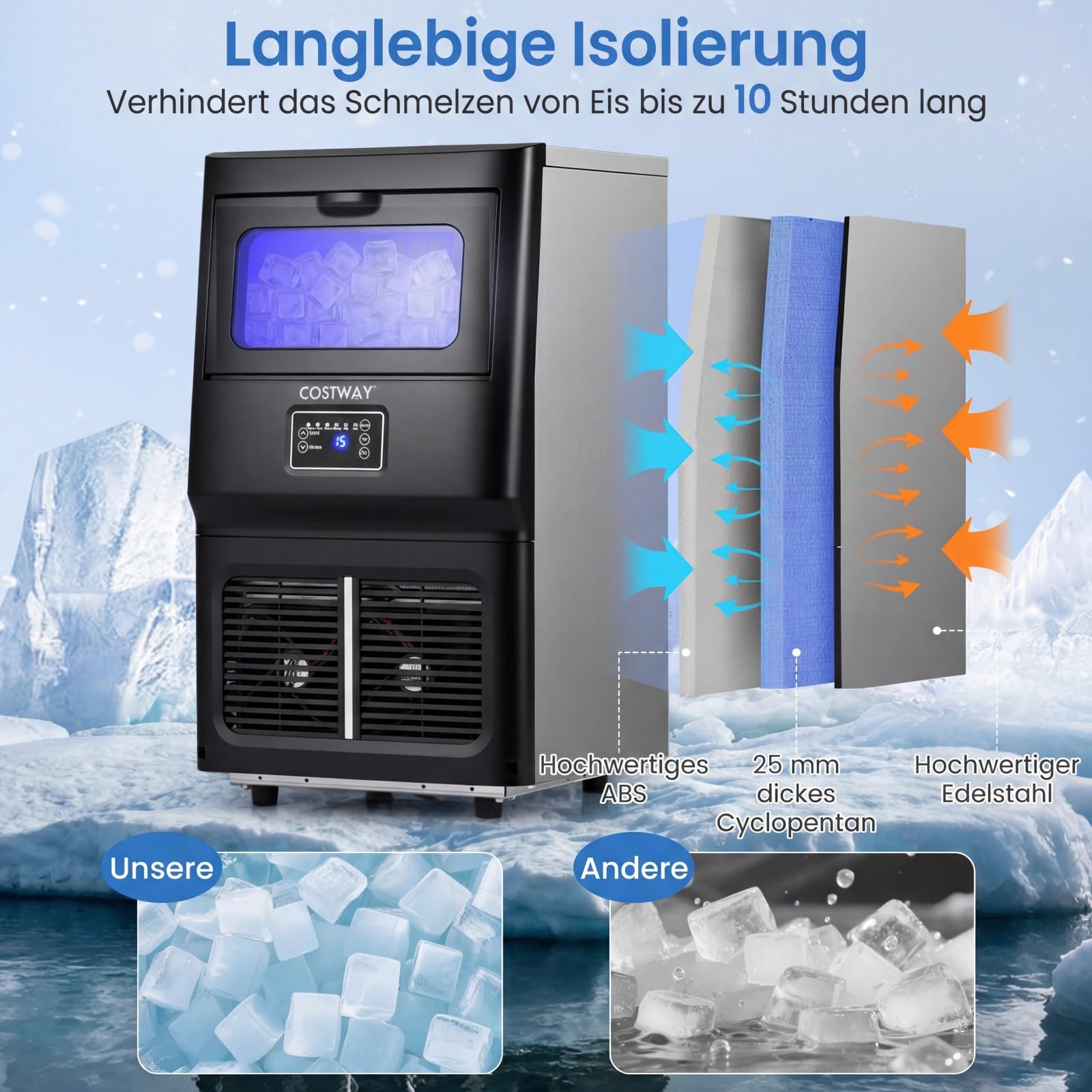 COSTWAY kommerzielle Eiswürfelmaschine 25-30 kg/24 h, gewerblicher Eismaschine aus Edelstahl mit Selbstreinigung, Wasserfilter, Eiswürfelbereiter freistehend/Untertheken für Zuhause, Bar, Restaurant