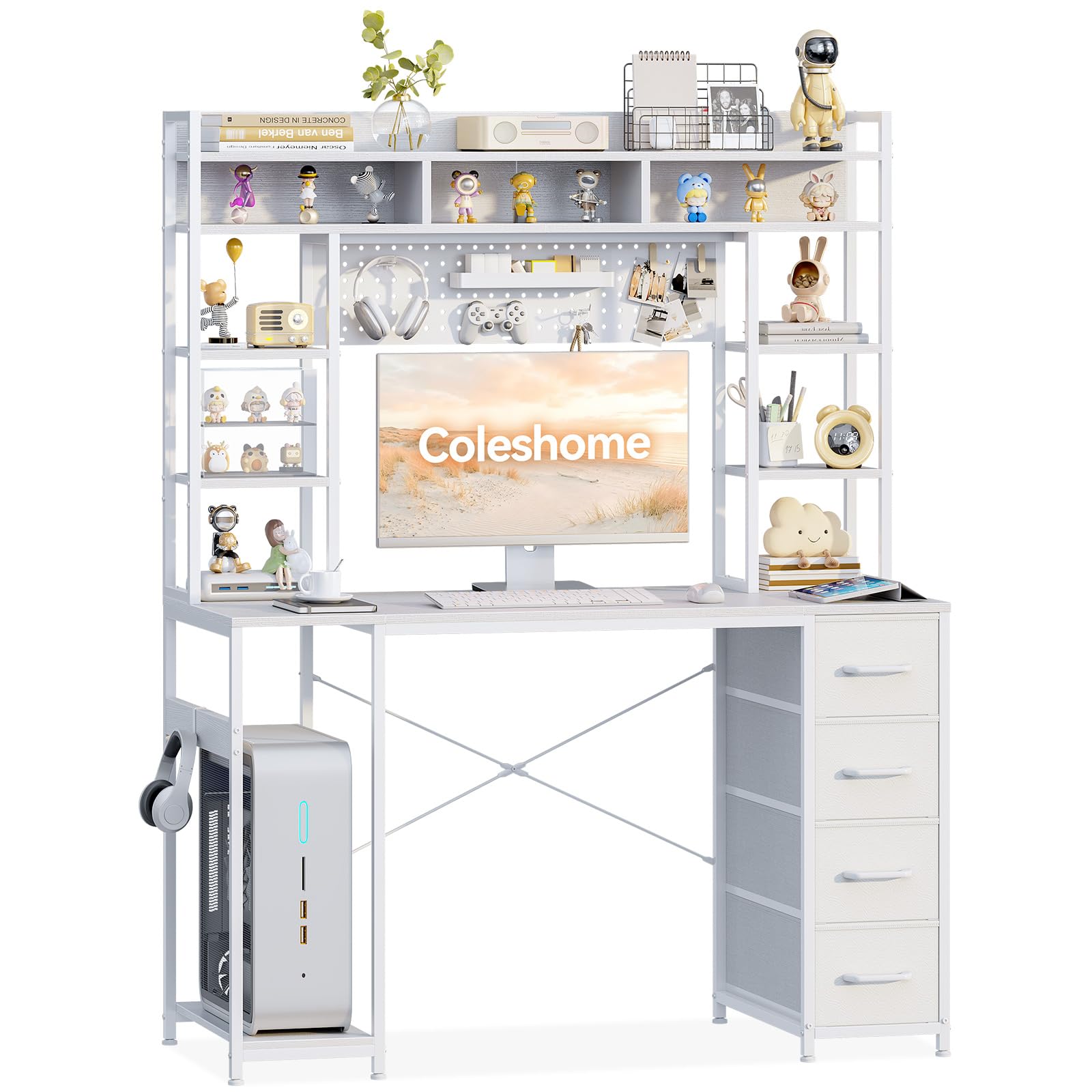 Coleshome Biurko z Panelem Perforowanym i Półką, 120 x 50 cm, Biurko Komputerowe z 4 Szufladami z Tkaniny, do Pokoju, Pracy Zdalnej, Nauki i Gier