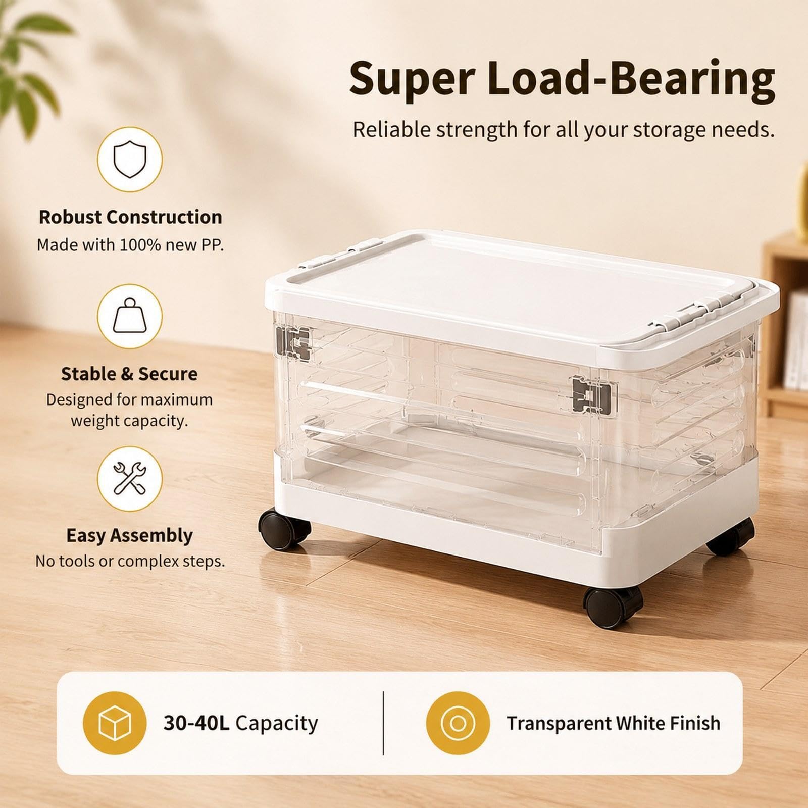 Qianly Carrello Pieghevole Portatile Cassetta con Manico Telescopico Ruote PP Multifunzione per Libri Spesa Organizzazione Cancelleria Materiale Didattico, Chiaro