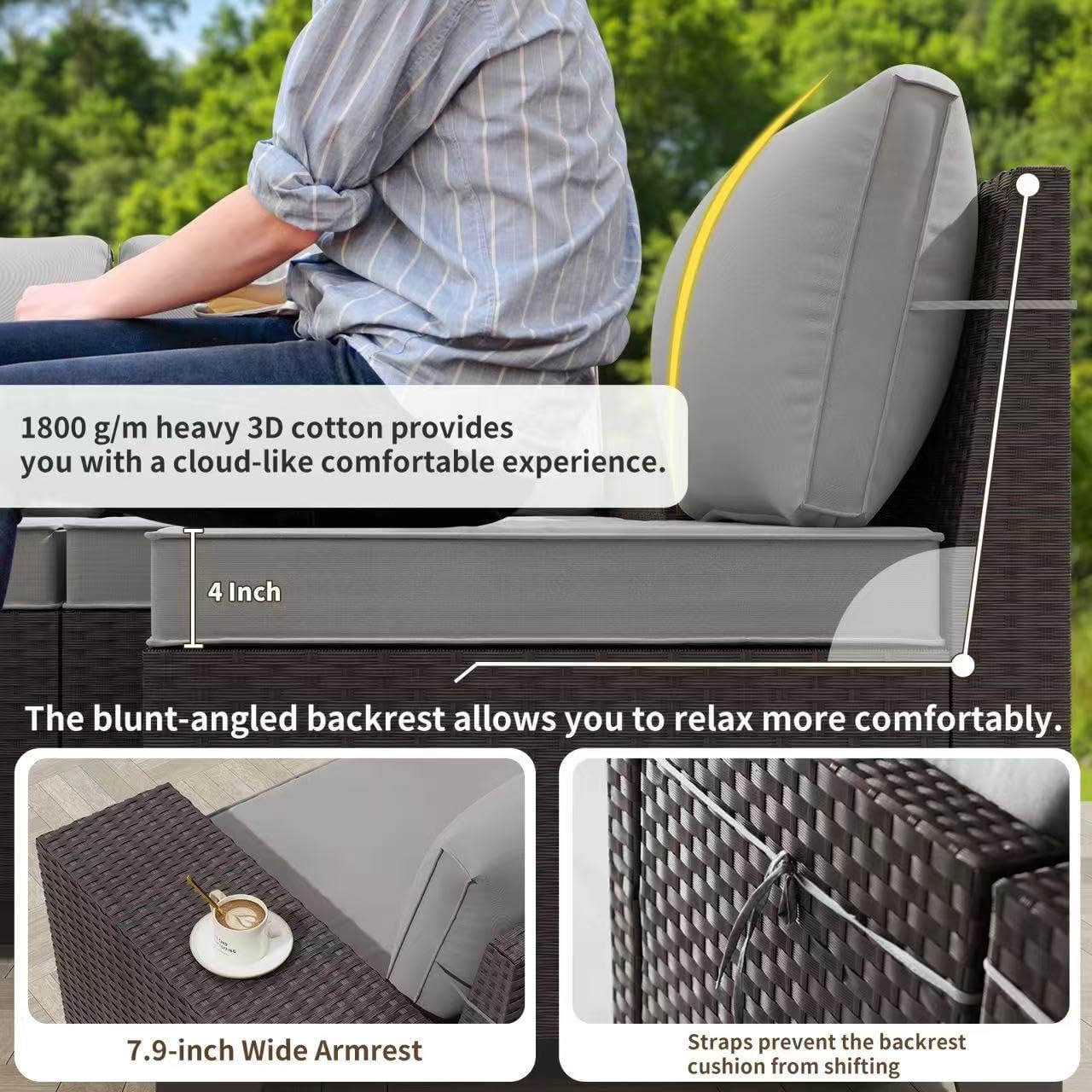 Gotland 7 Pieces Patio Furniture Set with 55000BTU Fire Pit Table, Wicker Patio Set with Wide Armrests 29.5'' High Backrest Thick Cushions 1 Coffee Table, Outdoor Furniture for Porch Deck Gray