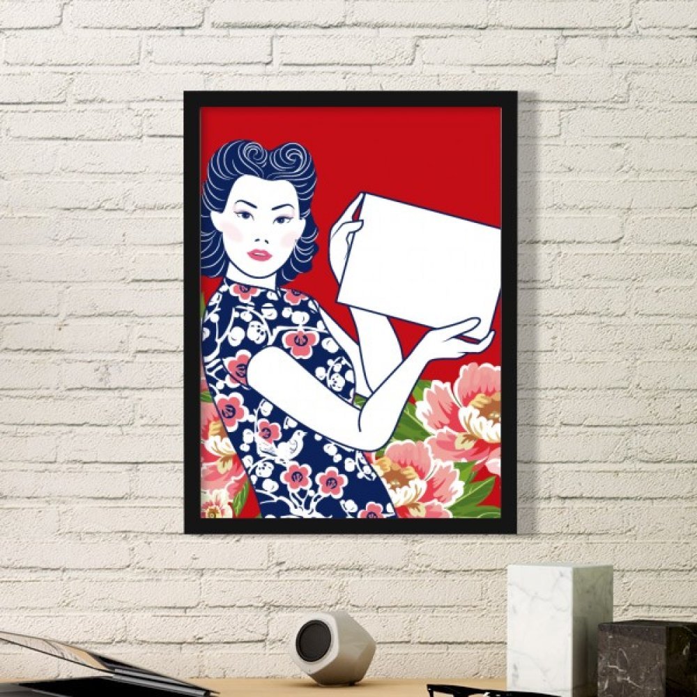 Culture chinoise cadre photo noir moyen avec peinture de femme rouge