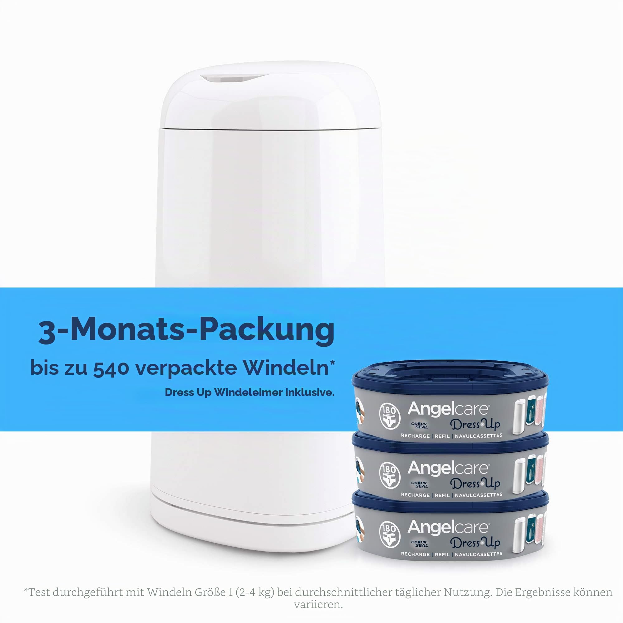 Angelcare Windeleimer + 3 Nachfüllpackungen, geruchshemmend, hohe Kapazität, antibakteriell, einfache Verwendung, Weiß