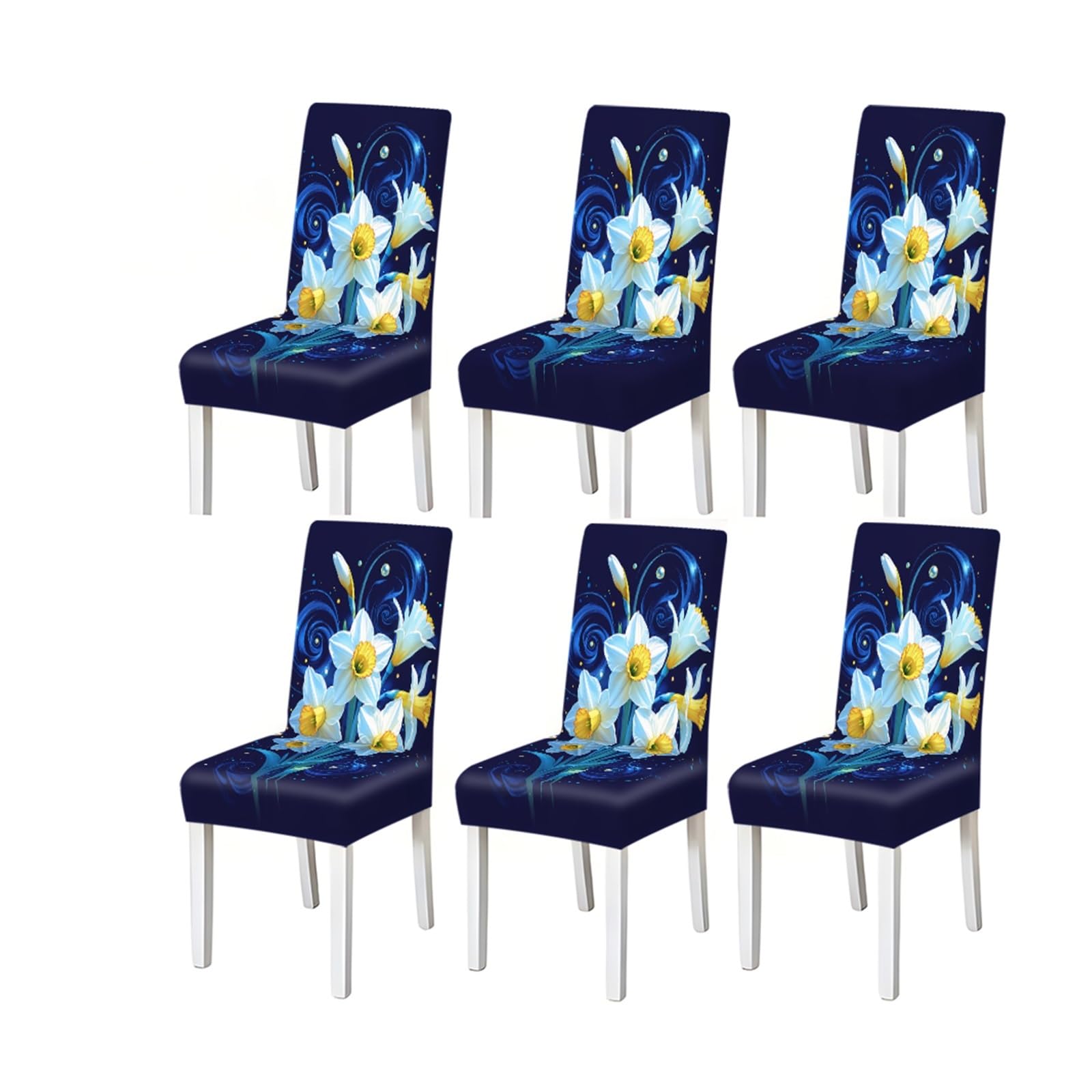 Bosuybn One Color Elegant Navy Blue White Daffodil Floral Print Dining Chair Covers, Stretch Slipcovers For Kitchen Dining Room Spring Party, 2/4/6Pcs Furniture Protectors For Home Dining Room(6Pcschair Cover)