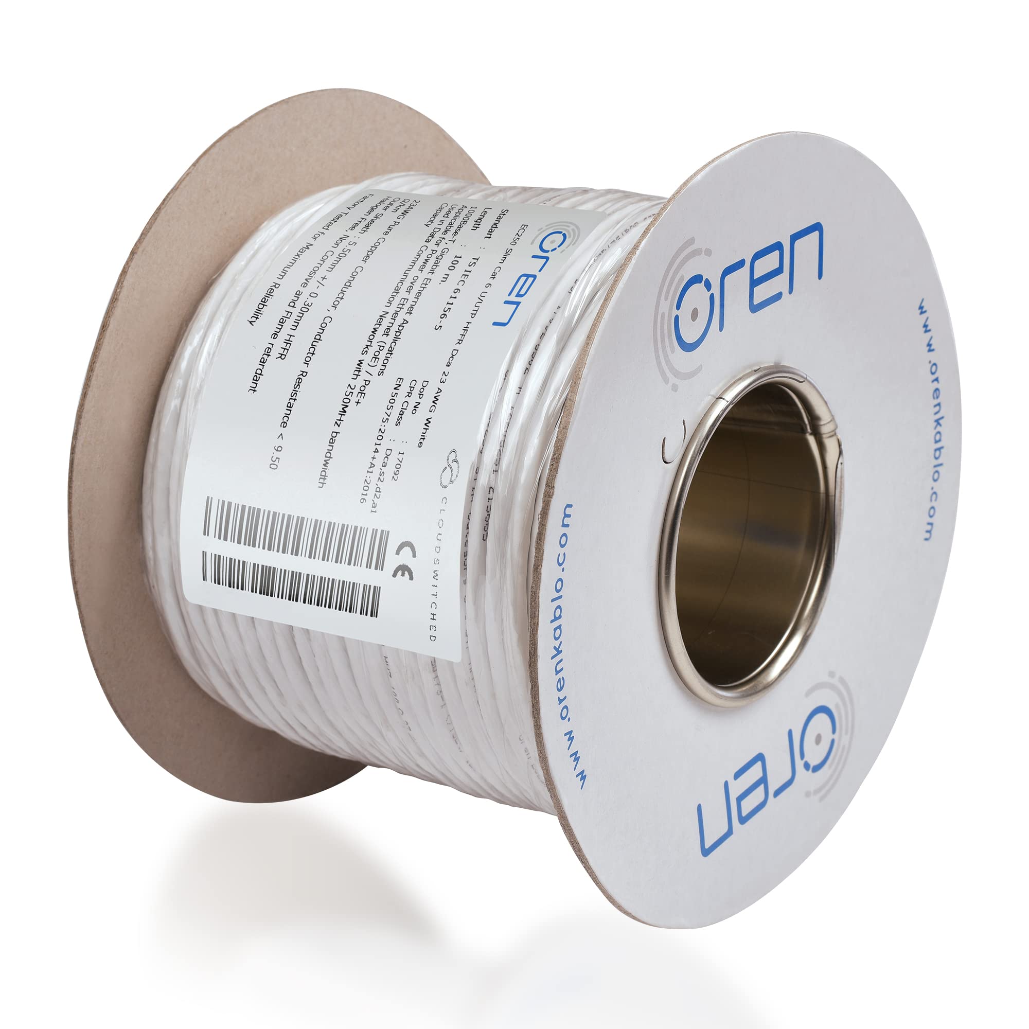 Oren Câble Ethernet CAT6 100m - Fin - Fil de cuivre pur 23 AWG - Bande passante 250 MHz - Câble réseau LAN Internet UTP - Sans halogène, non corrosif - Câble Ethernet Gigabit haut débit - Blanc