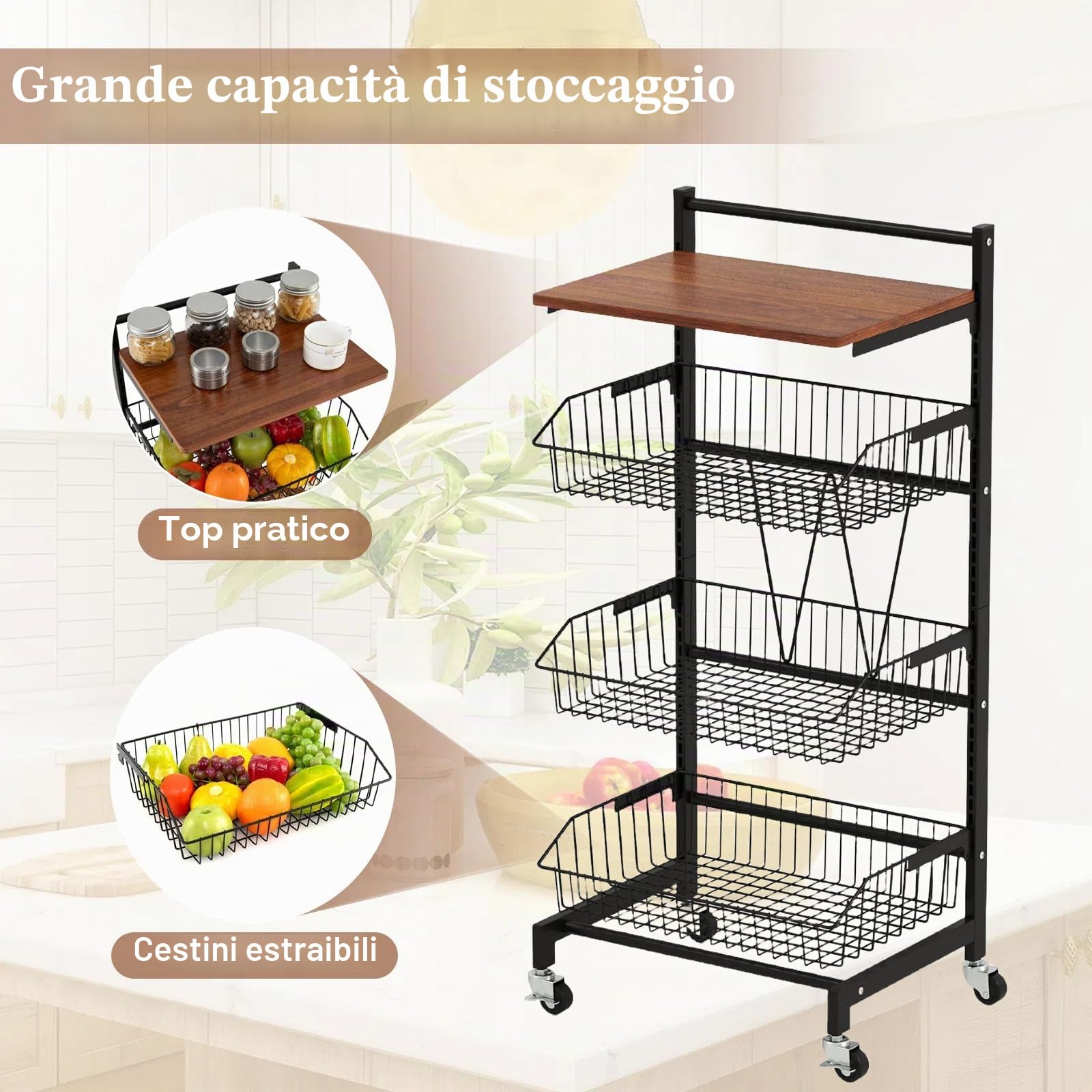 KOMFOTTEU Carrello Portafrutta e Verdura con Ruote, Cesta Mobile per Frutta con Coperchio in Legno, Carrello Ausiliare con Struttura in Metallo e Cestini Sfilabili a Maglia (3 Cestini, 40 x 31 x 88 cm