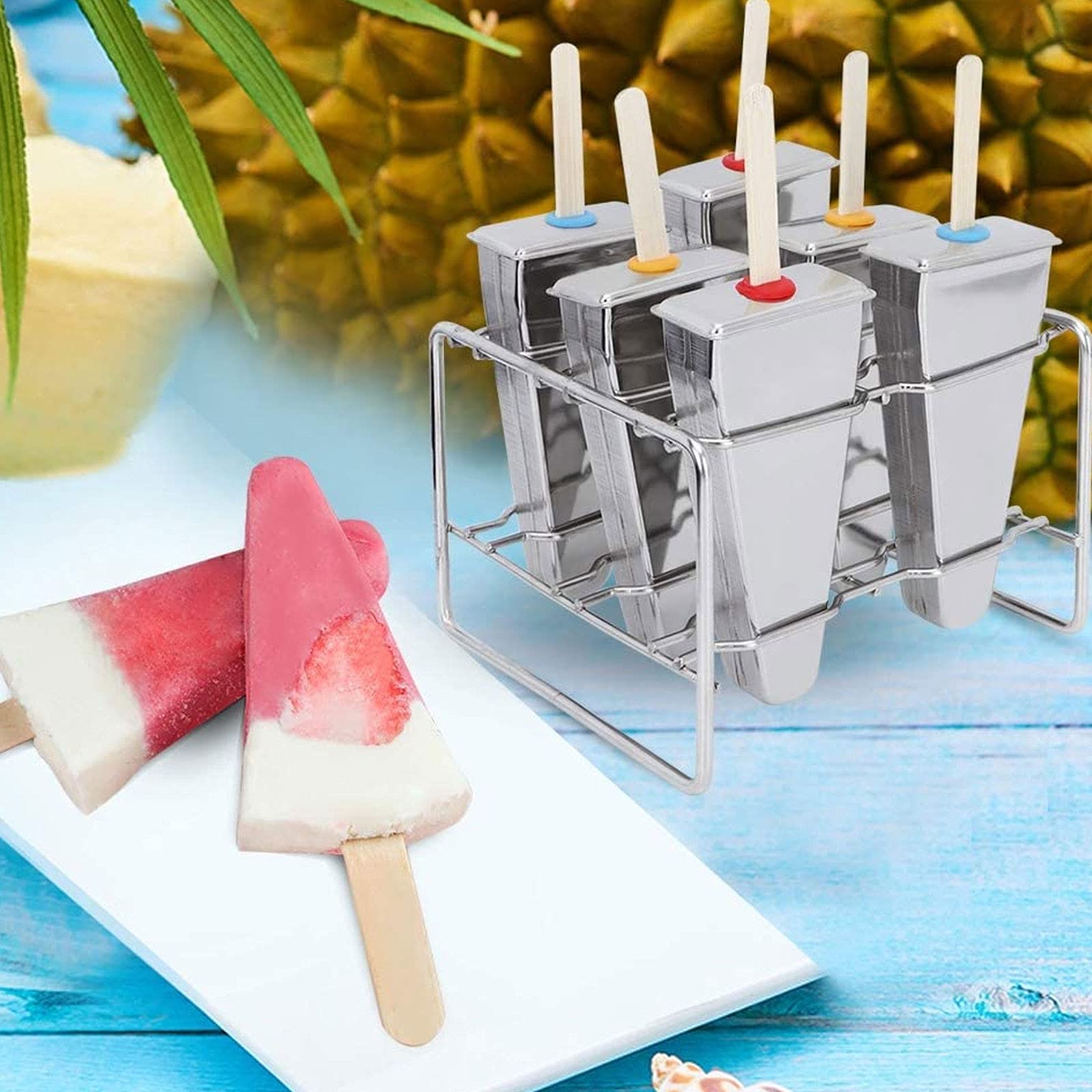 Stieleis Edelstahl, Eisformen EIS am Stiel Edelstahl, EIS Formen Fuer Stieleis Edelstahl, 6er Set Edelstahl Eisform Eckig mit Ständer und Bambussticks Eisstiehlform Eisstiel Form