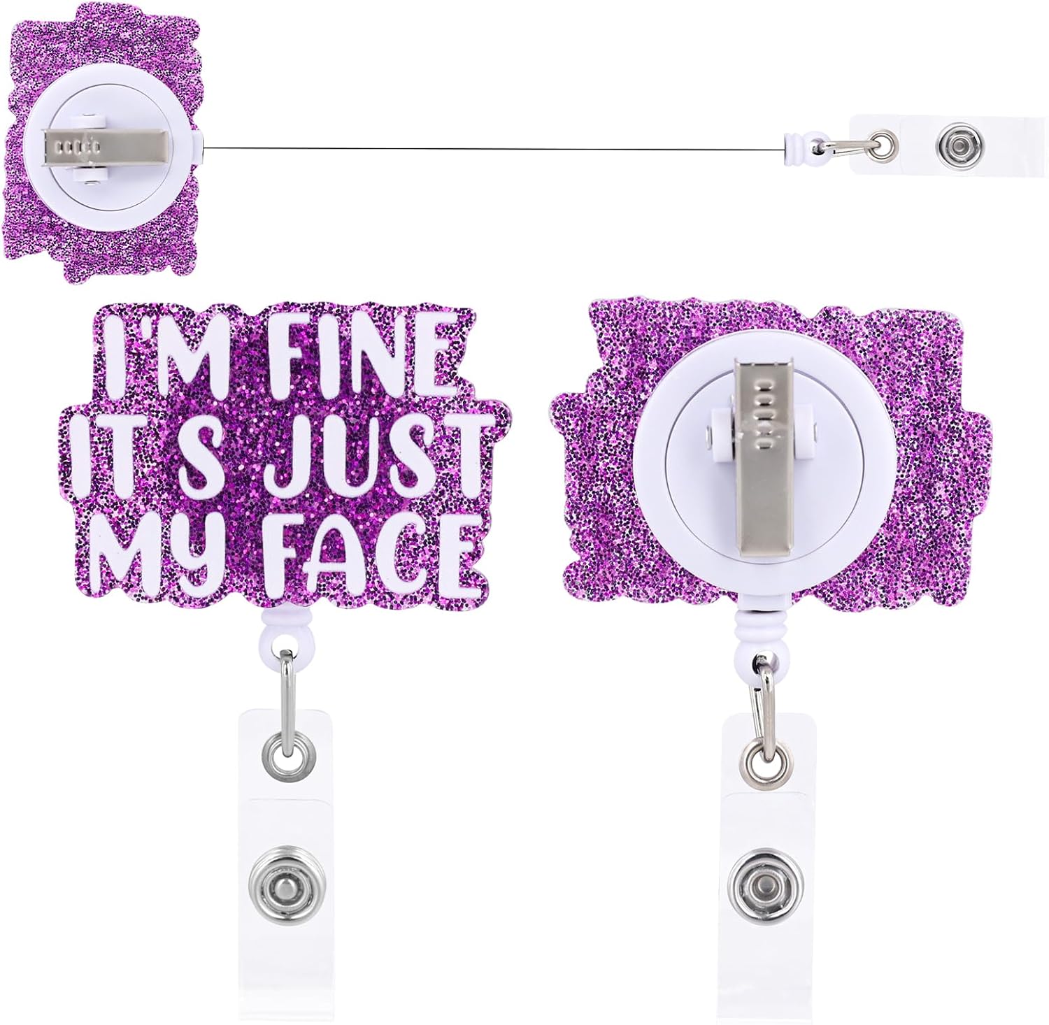 I'm Fine It's Just My Face Badge Reel, Funny Nurse Badge Reel Retractable Acrylic Funny Glitter Badge Reel with Alligator Clip ID Badge Holder for RN LPN CNA Nurse Doctor Office Worker image 3