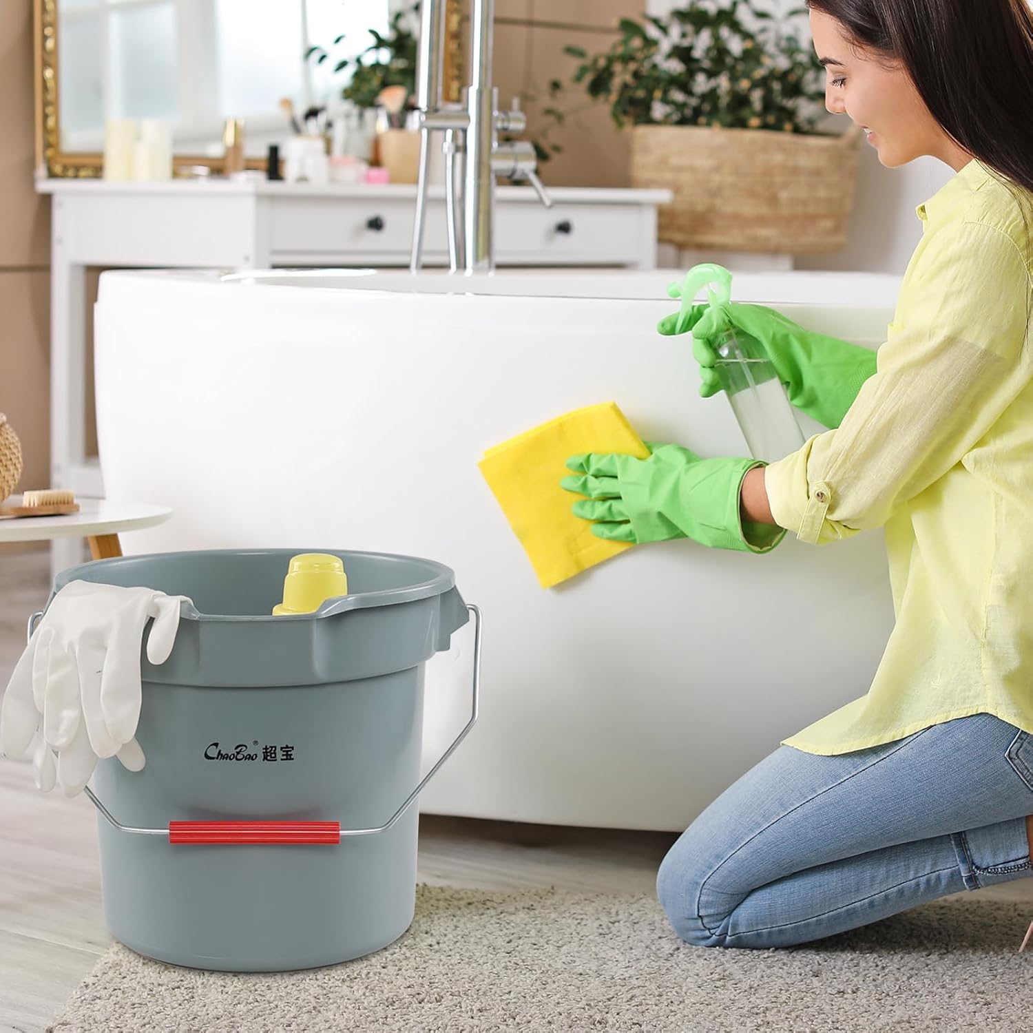 Jekiyo 4 Pack 14 Quart Commercial Cleaning Bucket Pail with Pour Spout and Handle, Grey
