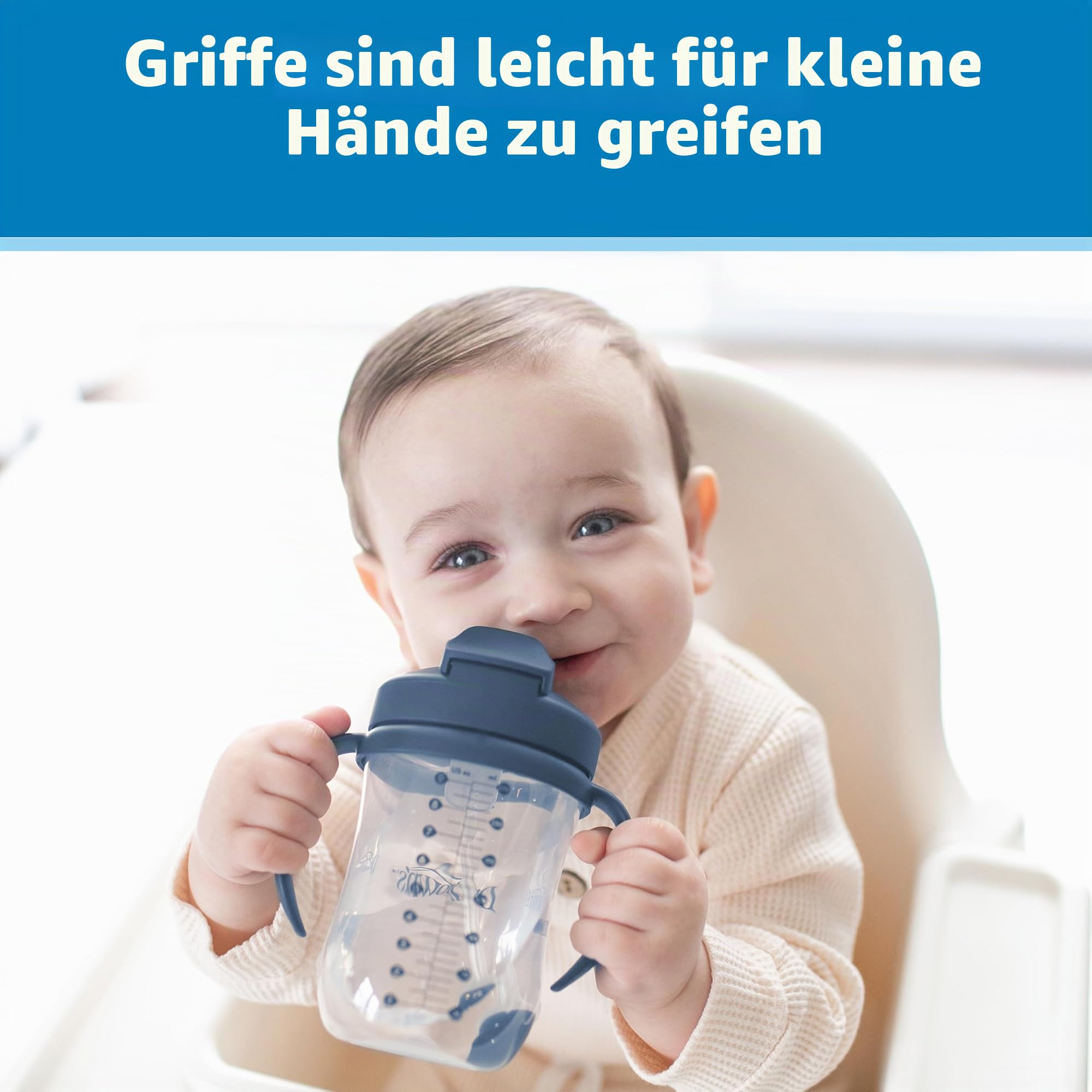 Dr. Brown's Milestones Baby's First Straw Cup, Trainingsbecher mit beschwertem Strohhalm, 270 ml, Dunkelblau, BPA-frei, ab 6 Monaten