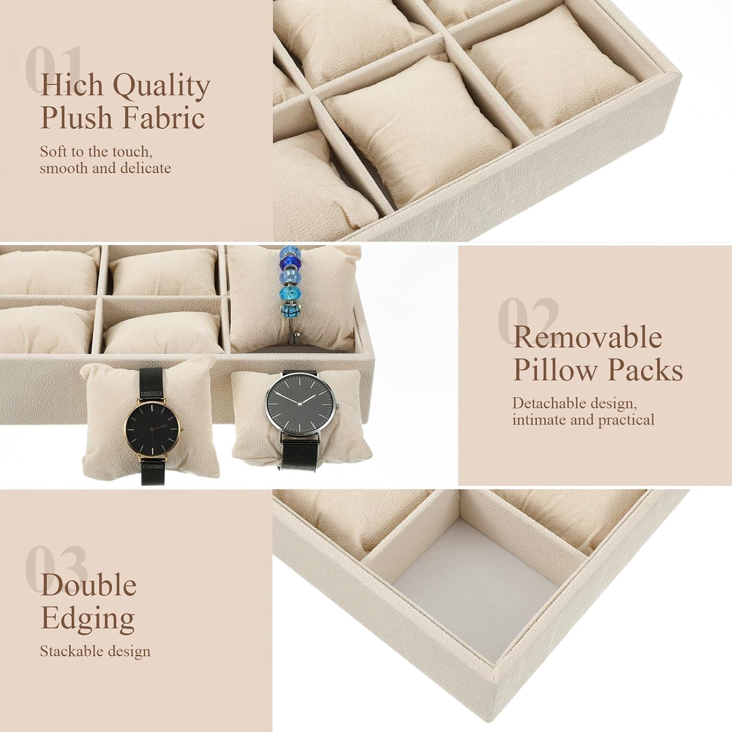 2 Pcs Jewelry Drawer Organizer Inserts, 12 Grid Beige Velvet Watch Tray with Adjustable Pillows for Bracelet Bangle Display