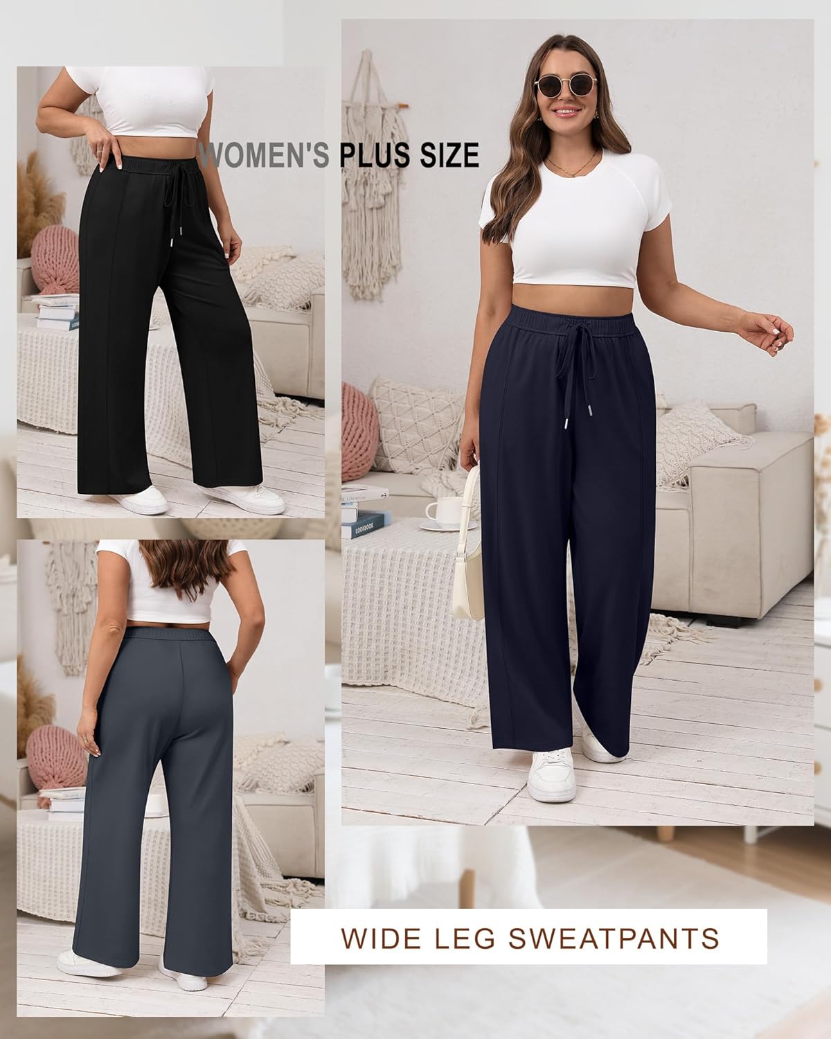 3 Pack Women's Plus Size Wide Leg Pants Trendy Double Side Seams High Waist Lounge Yoga Sweatpants with Pockets - Image 6