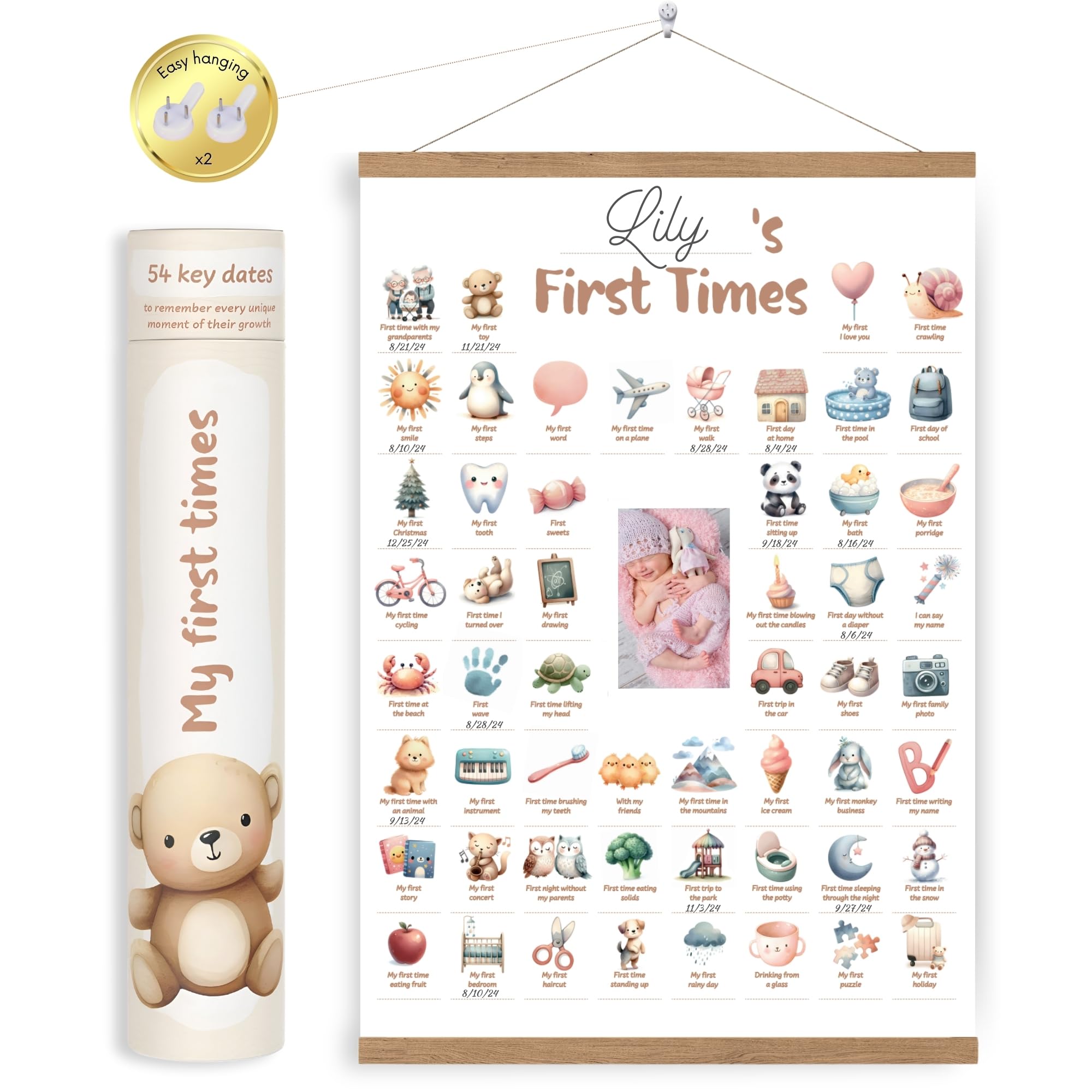 HuBorns - Poster Meine Ersten Mal, zur Verfolgung der Meilensteine Ihres Babys, Individuell Gestaltbar mit Daten, Babygeschenke, Dekoration für das Babyzimmer, IInklusive Holzleisten zum Aufhängen