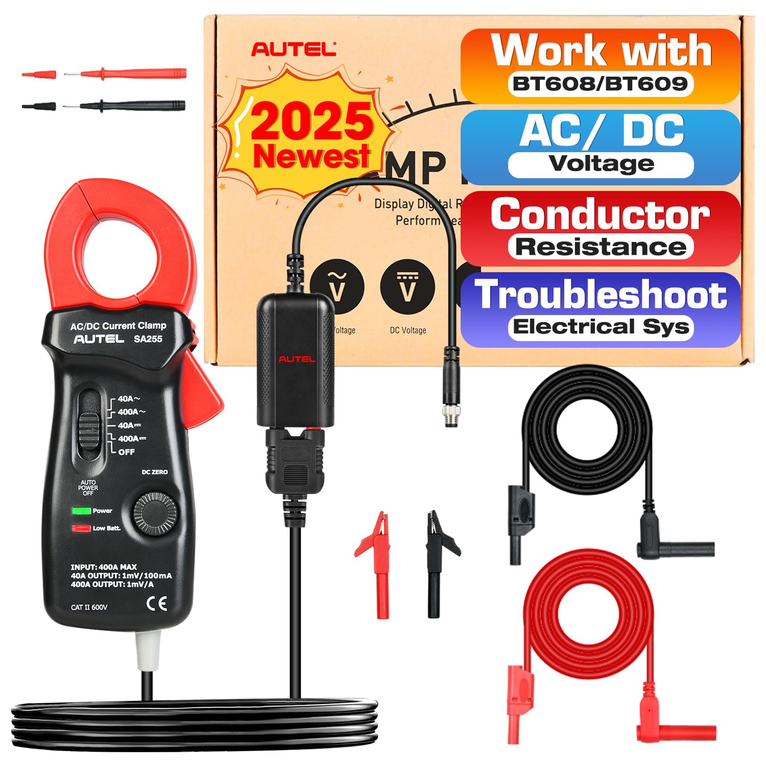 Autel MaxiBAS BTAK Battery Tester Accessory KIT, DM100 Digital Multimeter 400A Current Clamp, Measures Voltage, Current, Resistance & Battery Strength, Troubleshoot Elect Sys, Work w/ BT608 (E)/ BT609