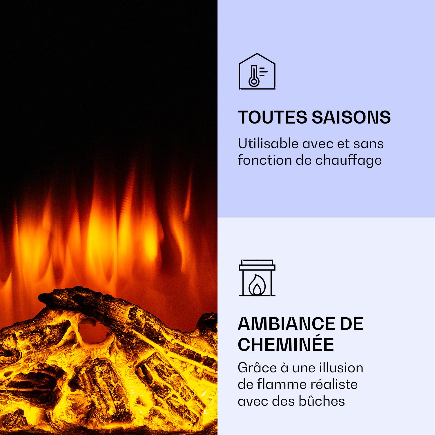 Klarstein Cheminée Electrique Encastrable, Chauffage Electrique de 2000W, Fausse Cheminée Decorative Murale avec Effet Flamme en LED, Télécommande Inclus, Programmable, Minuterie, Thermostat Réglable