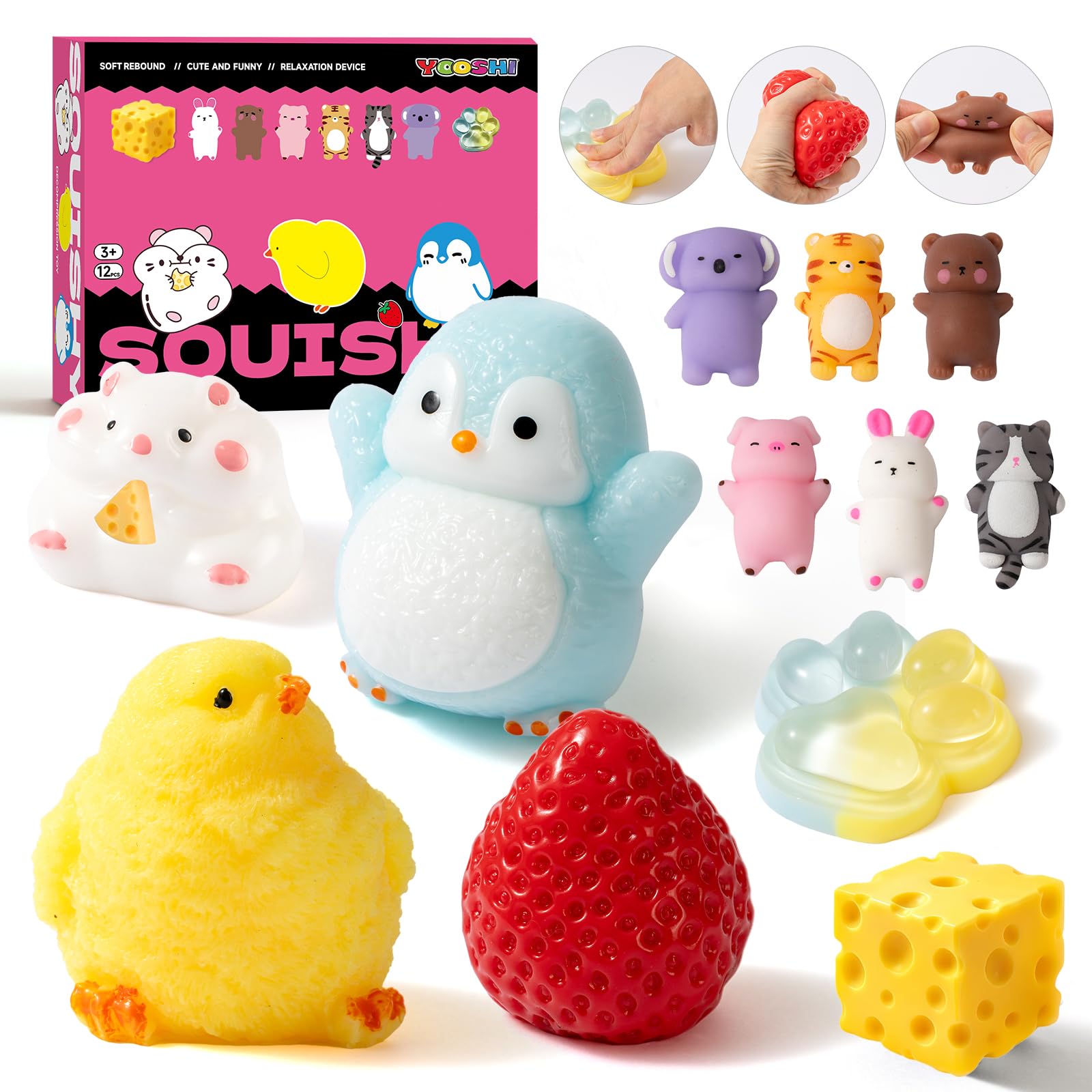 Photo 1 of 12 Pcs Taba Cute Squishy Toys Pack Include (1 Strawberry,1 Cat Paw,1 Cheese,1 Hamster,1 Chick,1 Penguin,6 Mochi) Taba Sensory Stress Relief Toys,Squishy Fidget Toys Adults,Party Favors Gifts for Kids
