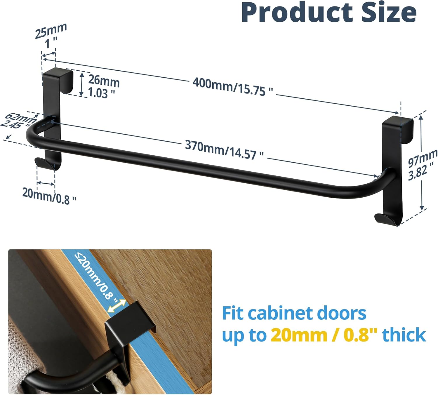 SAYAYO Over Cabinet Towel Bar Black, 15 Inch Kitchen Towel Holder with 2 Hooks, Over The Cupboard Door Dish Towel Rack, 2 Pcs (16 Inch Total Length)