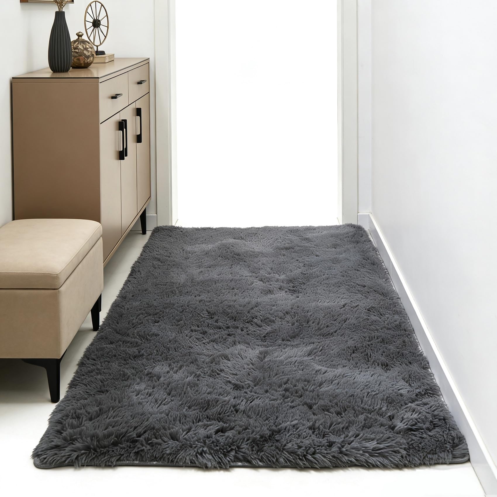 Tapis de salon antidérapant à poils longs gris moelleux 200x60
