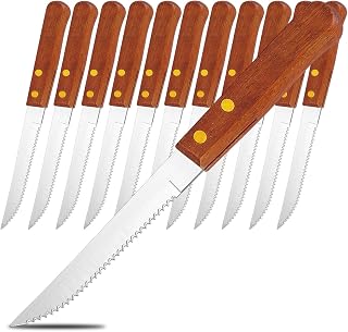 Kyraton 12-Piece Serrated Steak Knives Set - Premium Stainless Steel Blades, Wood Handles, Dishwasher Safe for Home, BBQ, Parties
