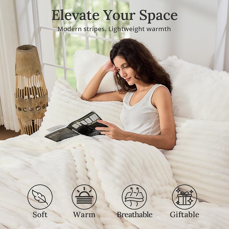 Sasttie Fluffy Queen Comforter Set, 3 PC Soft Fleece Bedding, Cream White image 2
