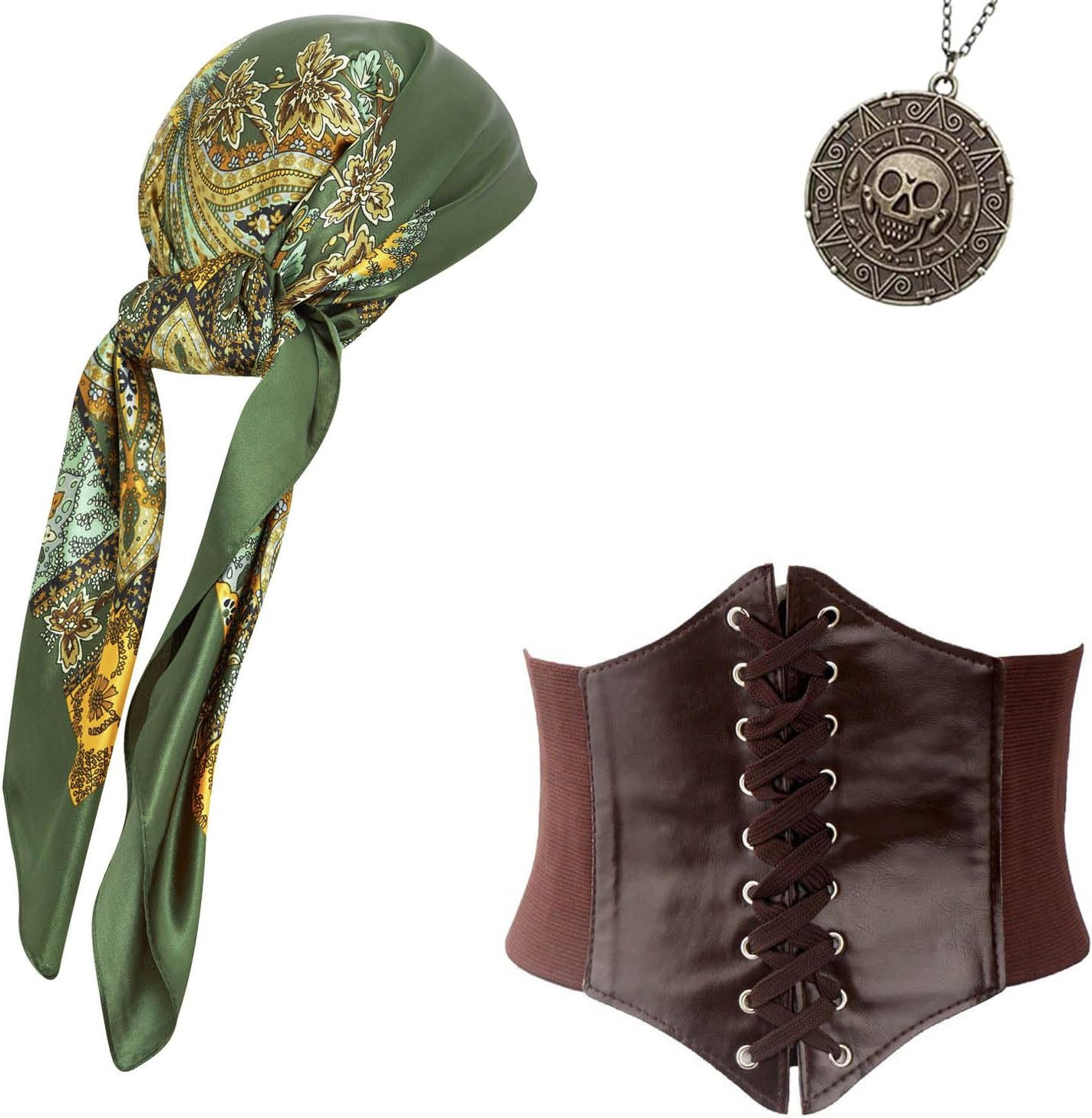 Pirate Costume Accessories Women Men Pirate Bandana Headband Head Scarf Pirate Sash Belt and Pirate Jewelry 3pcs