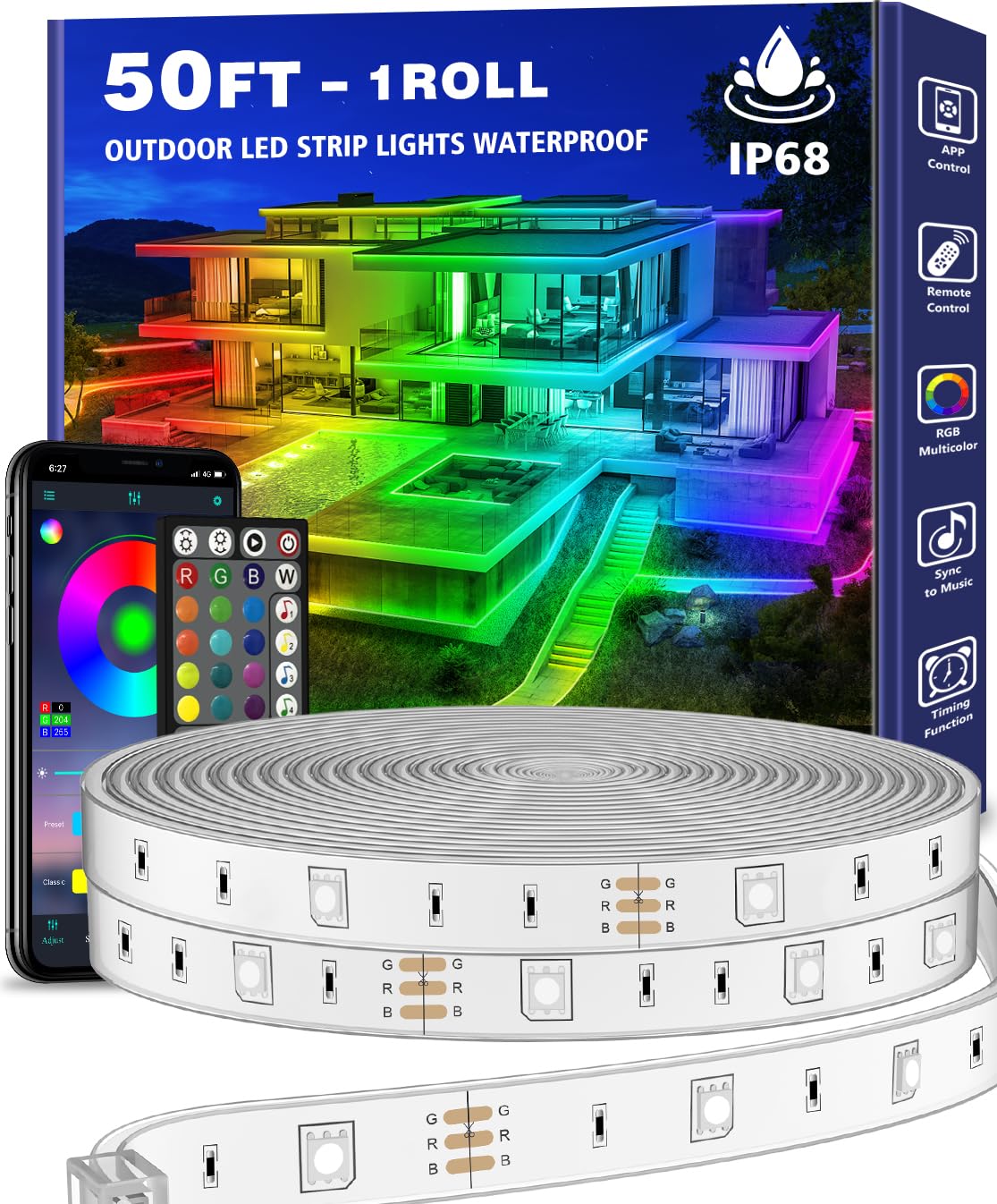 LETIANPAI 50FT Outdoor LED Strip Light Waterproof 500ft /150M,IP68 Outside LED Light Strip Waterproof with App Remote Control,Music Sync RGB Exterior LED Rope Light for Balcony